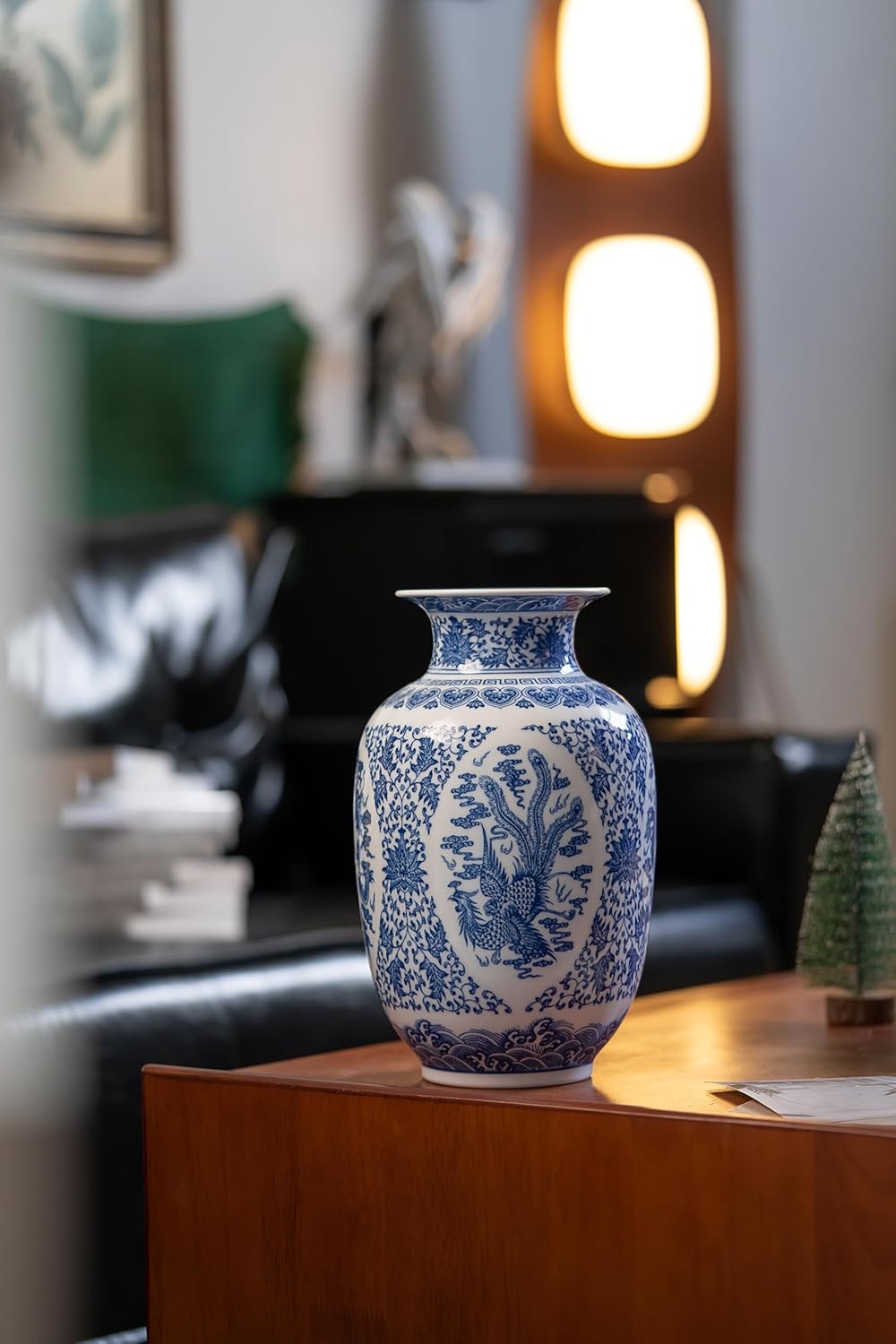 Blue and White Vase, Small Chinoiserie Vase Porcelain, Ginger Jar, Mantel Decor for Living Room & Home, 9" H