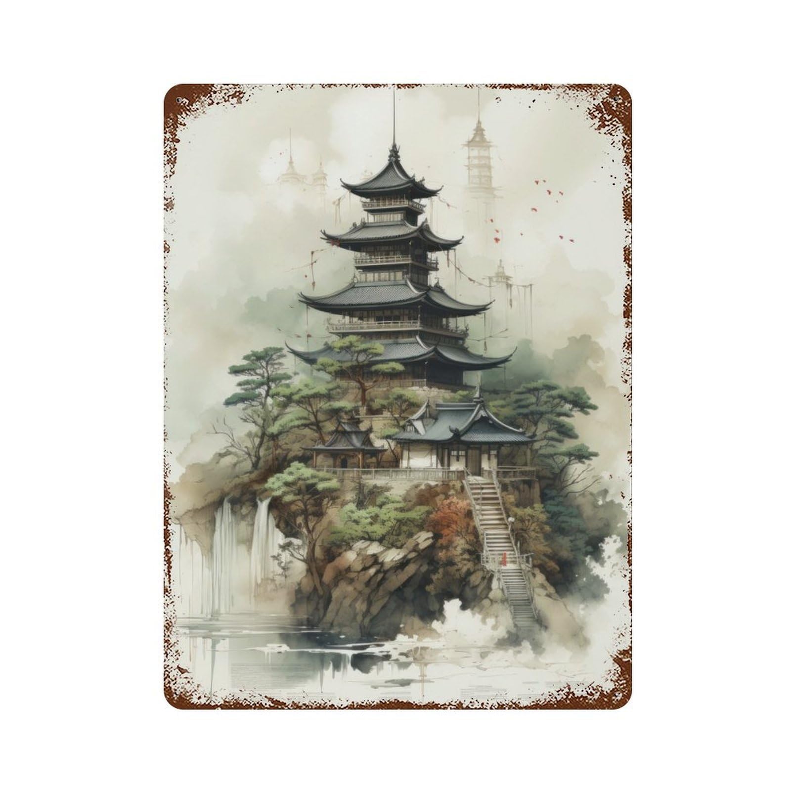 Japan Landscape Rustic Tin Plaque 15.7"x11.8", Ideal for Shed, Workshop And Garage Wall Decor
