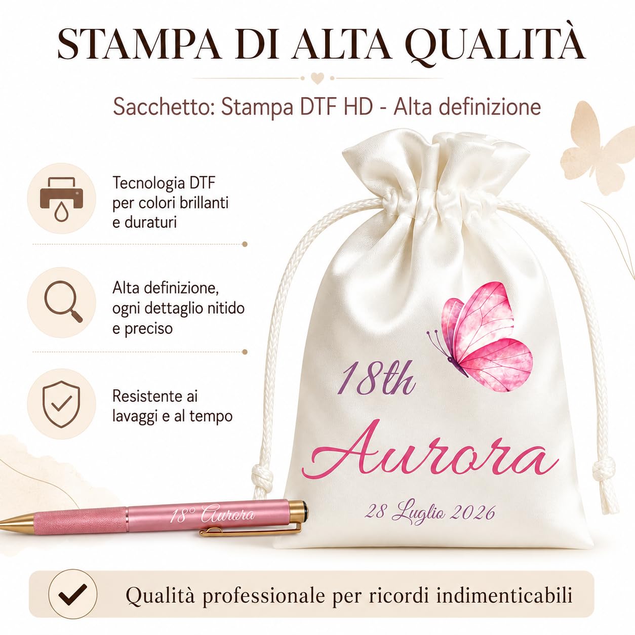 Kit 12 Sacchetti e 12 Penne Personalizzati 18 Anni Bomboniere Compleanno | Bomboniere eleganti con nome, età e data: ricordo perfetto per invitati e amici.
