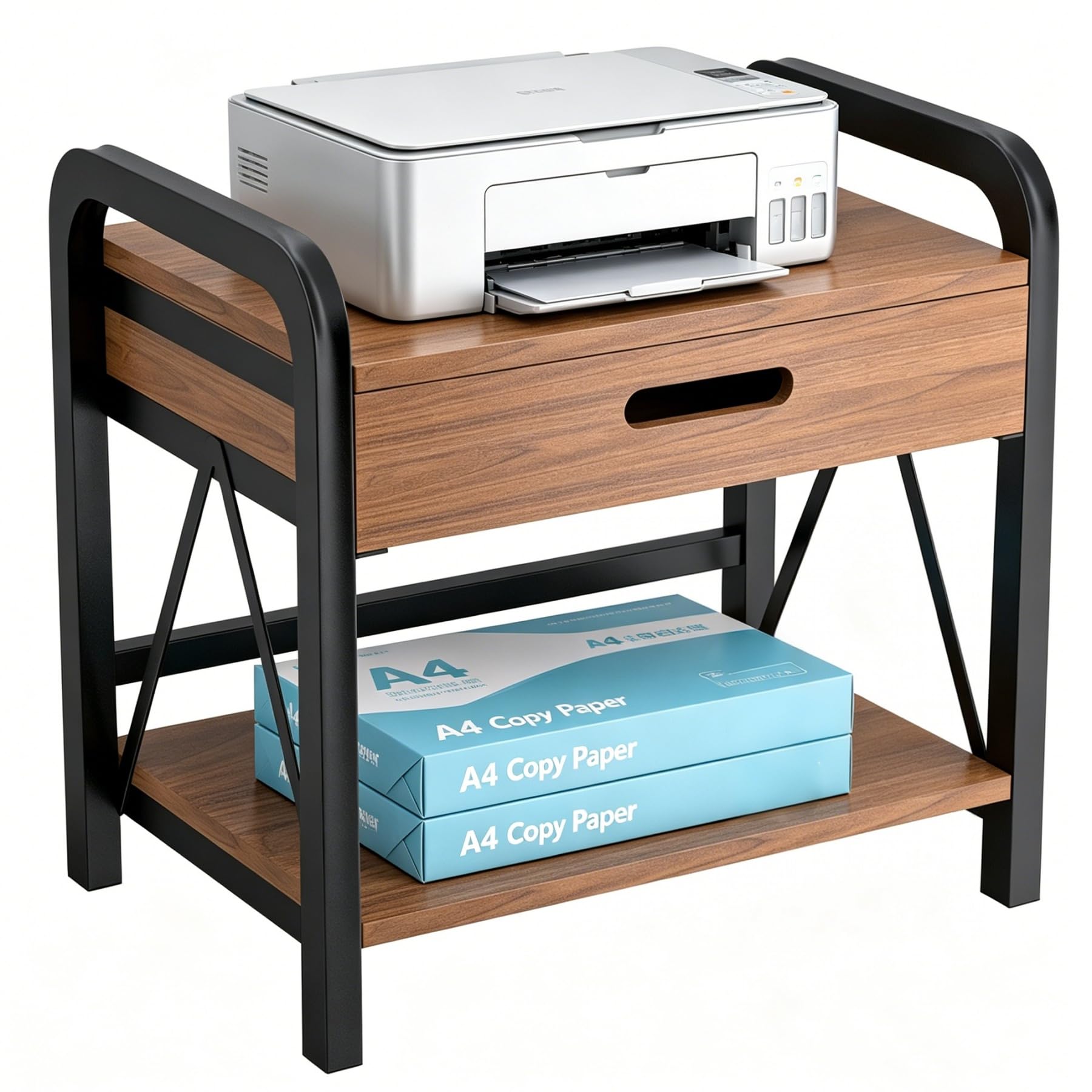 JAZUIHA Holz-Druckerständer 2 Etagen m. Schublade, Schreibtisch Regal | Desktop Organizer für Drucker, Scanner, Fax & Akten, Mehrzweck Aufbewahrungsregal Klein 44 x 29 x 38 cm