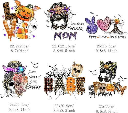 Miniatura 2 de 6 hojas de parches termoadhesivos de Halloween para ropa, calcomanías de terror, calaveras, calabaza, murciélagos, telarañas, huesos, corazón,