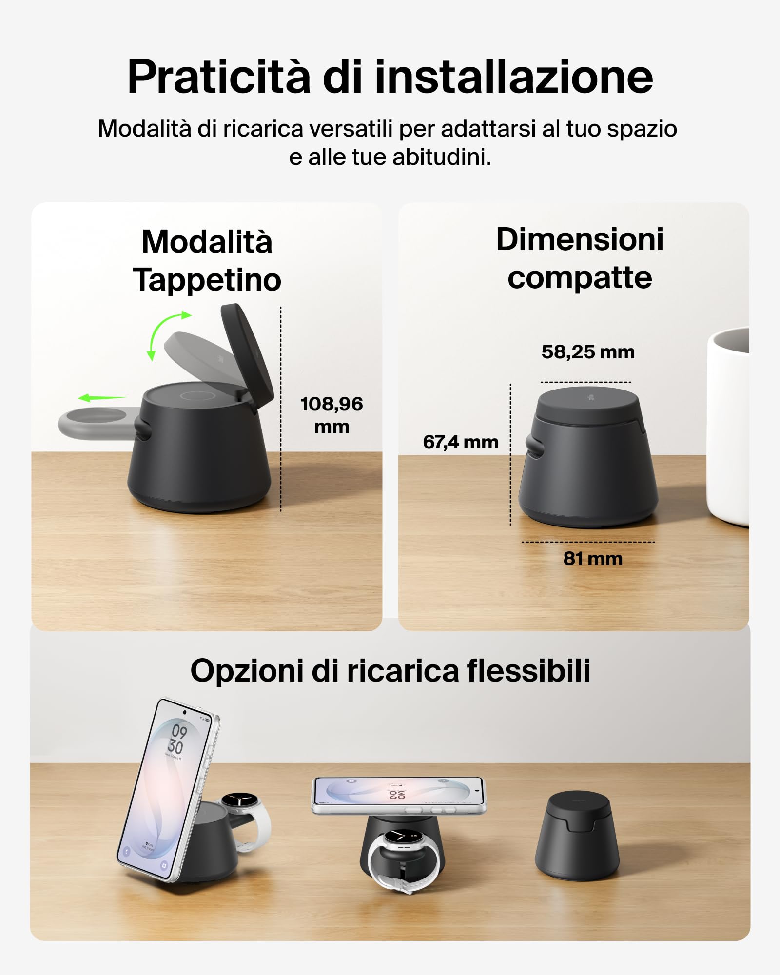 Belkin UltraCharge Caricatore Wireless Magnetico 3 in 1 Qi2.2 25W con Porta USBC, Stazione di Ricarica per Samsung Galaxy S26, Galaxy Watch, Pixel 10, Pixel Watch, Apple Watch, con Alimentatore 45W