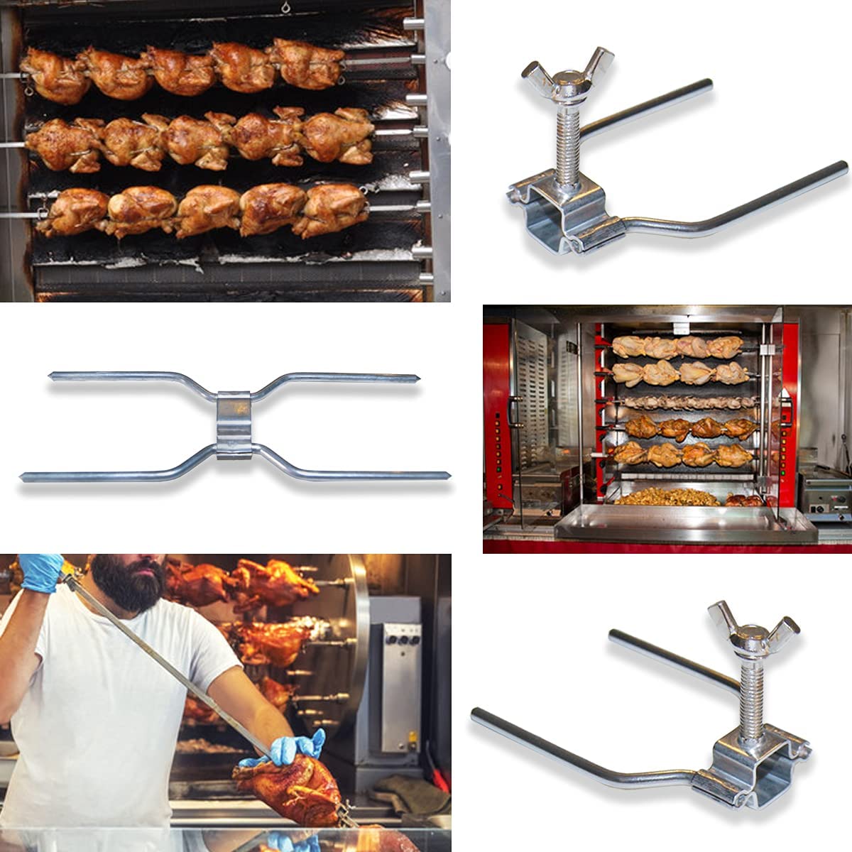 GOLDMAN SERVICE | Kit de piques à volailles en acier, outil fourche pour grills professionnels rotatifs. Pièce de rechange universelle avec double agrafe centrale et 2 côtés avec vis.