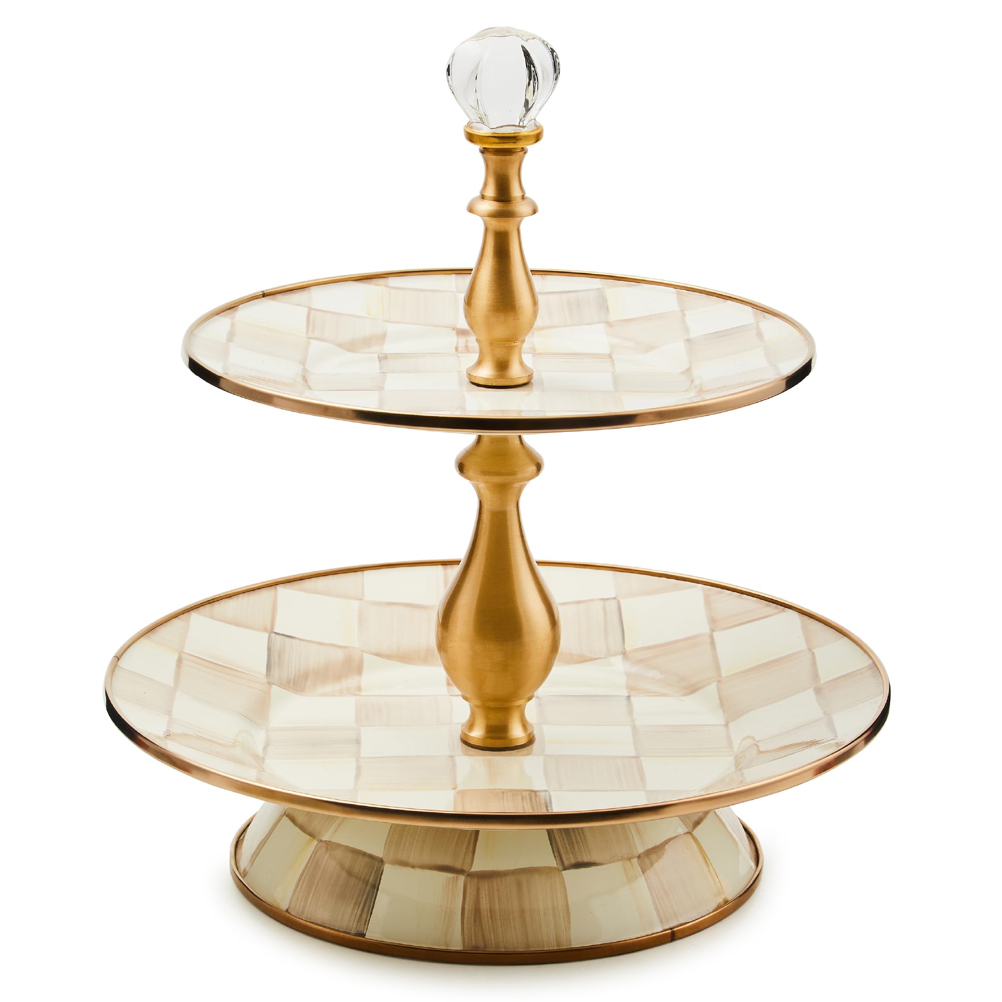 MACKENZIE-CHILDS Enamel Two-Tier Sweet Stand, Two-Tiered Serving Tray for Dessert, Brown-and-White Mocha Check