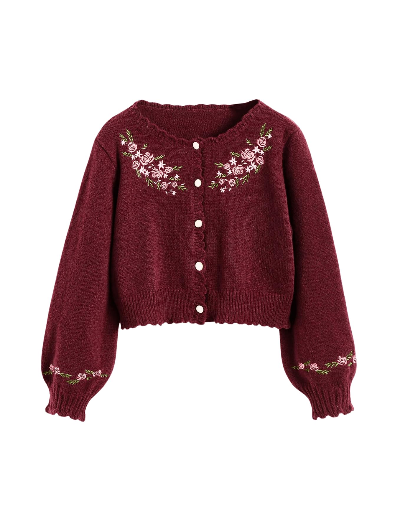 Womens Floral Embroidery Cardigan Sweaters Button Down Long Sleeve Crew Neck Knitted Outerwear