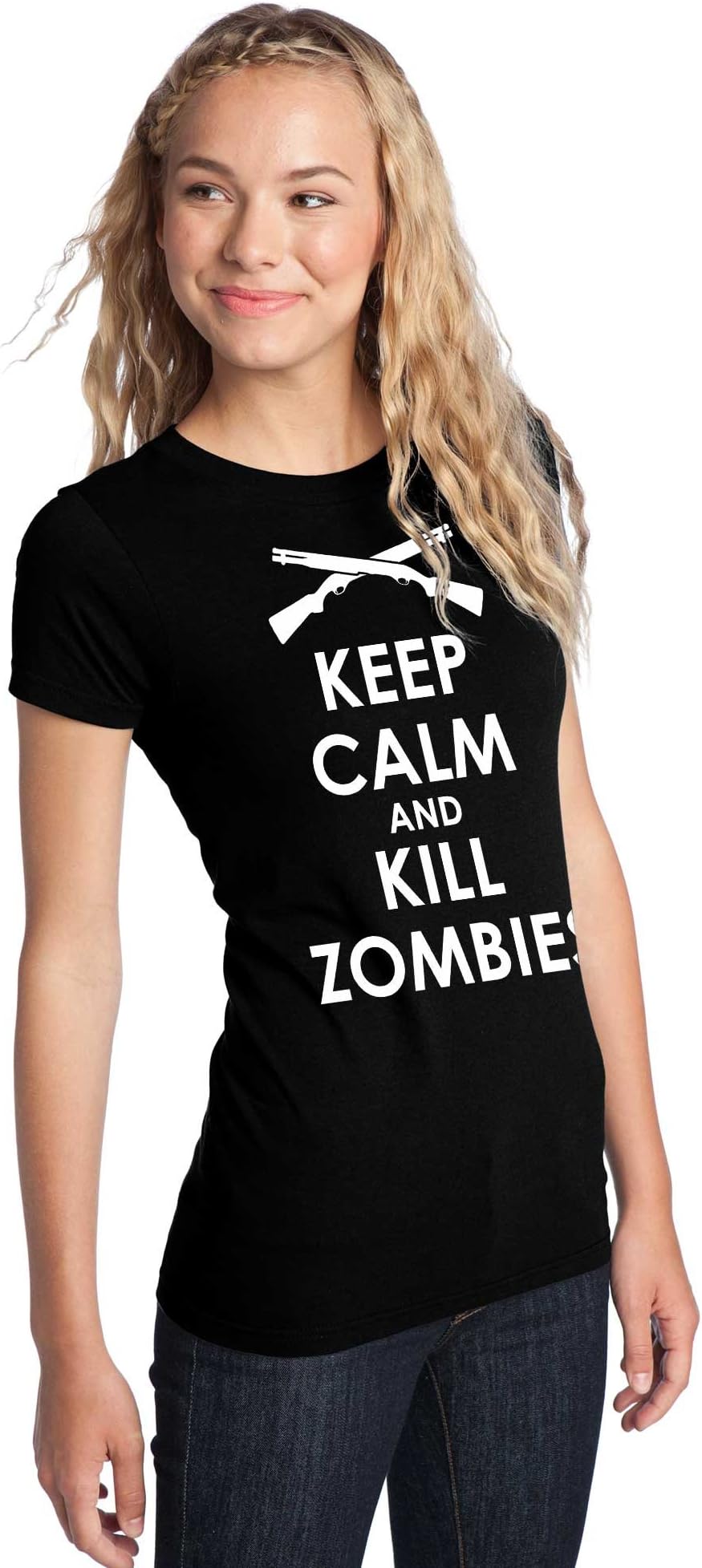 Juniors Keep Calm and Kill Zombies Tee in Black- Small,Black