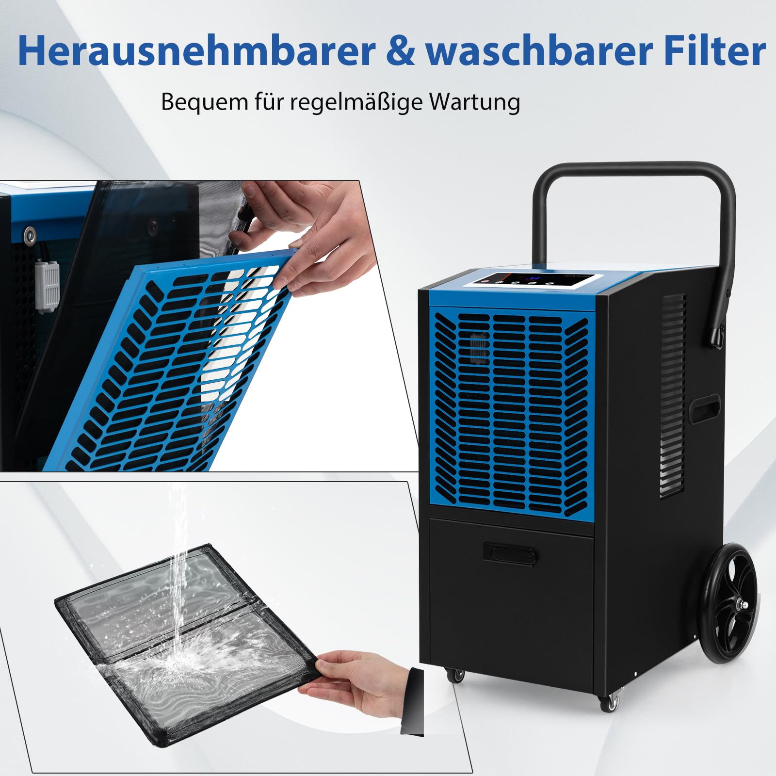 SOARS Deumidificatore Elettrico 66L/Giorno, Deumidificatore Professionale con Pompa di Scarico Automatica, Tubo di Scarico, Filtro Rimovibile, per Cantine, Magazzini, Scantinati (Nero+Blu)