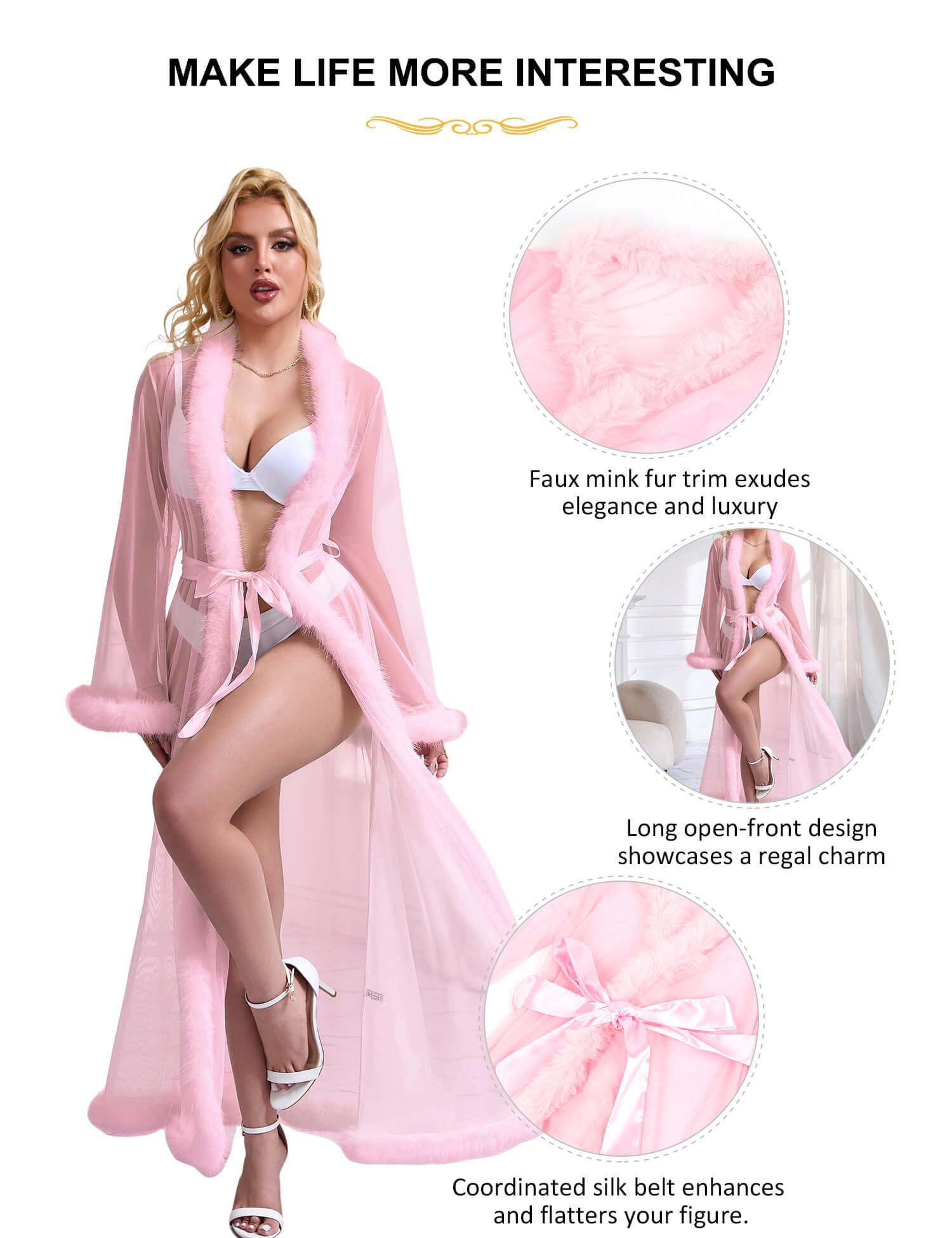 ohyeahlady Lencería Bata Kimono Mujer Sexy Talla Grande Albornoz Ligero De Encaje con Plumas Camisón De Dormir Manga Larga Chemise De Nuit Pijama Curvy Ropa Interior Sleepwear Cómodo