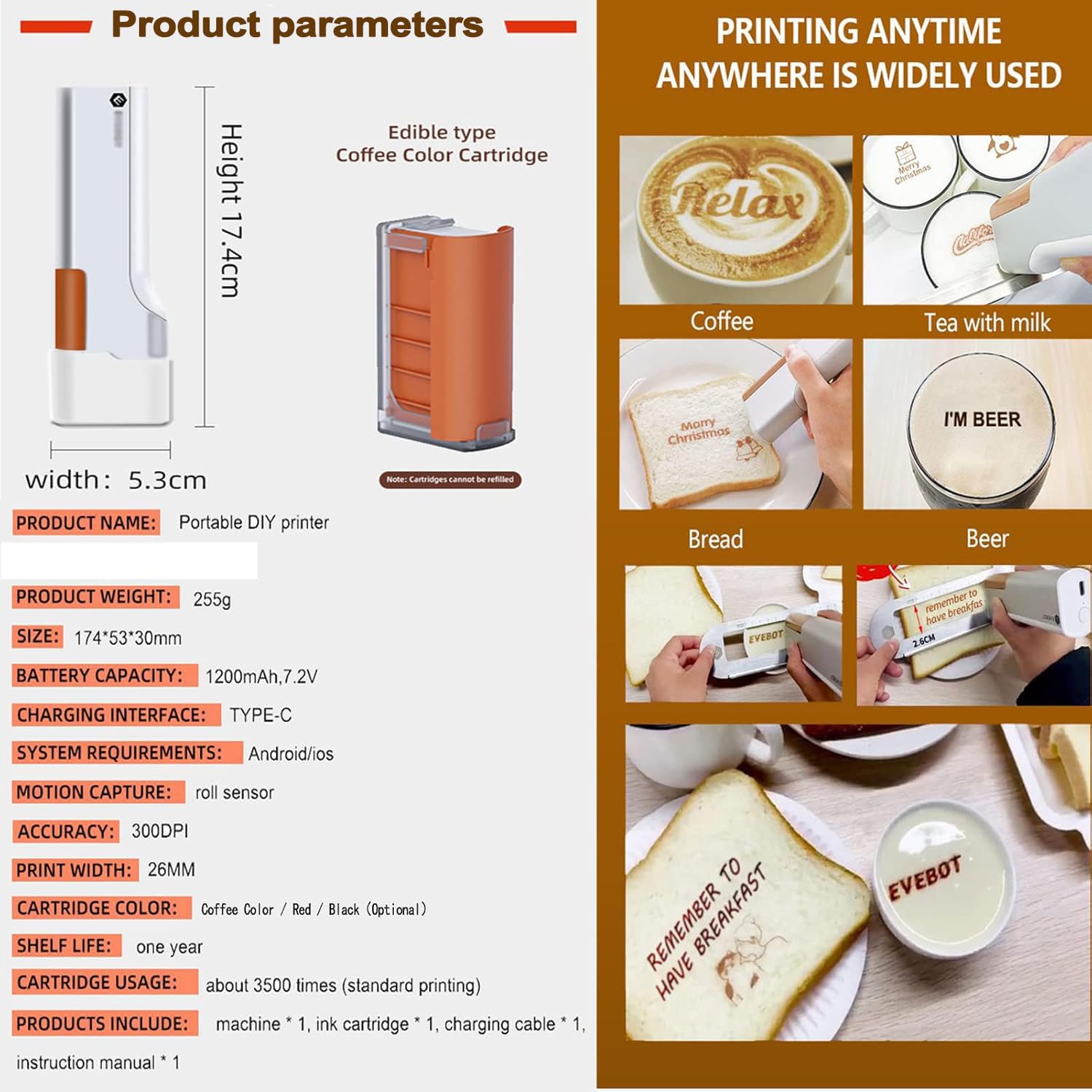 Impresora de inyección de tinta portátil de grado alimenticio para café con leche, pasteles, galletas, pan, macarrones, chocolate, perfecta para crear impresionantes diseños comestibles