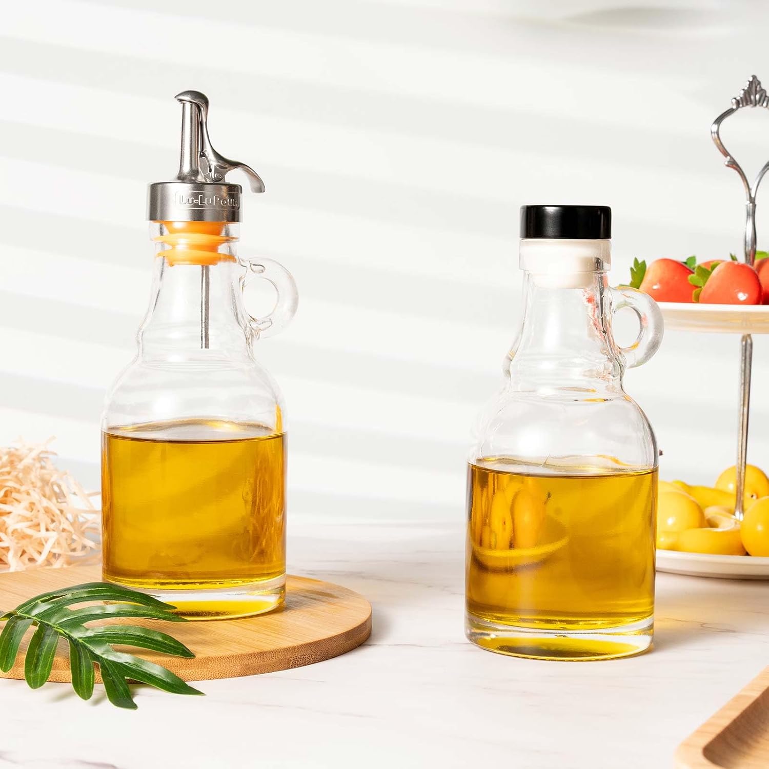 Olive Oil Dispenser Bottle, Oil Holder for Kitchen,Cooking Bottle Spout, Vinegar Dispenser Set,Glass Dispenser with Stainless Steel Spout -Give Away A Glass Bottle with handles and 1 Stopper