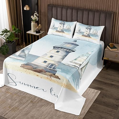 Erosebridal Juego de colcha náutica, juego de cama de barco de vela, juego de ropa de cama con temática oceánica de acuarela, colcha individual de