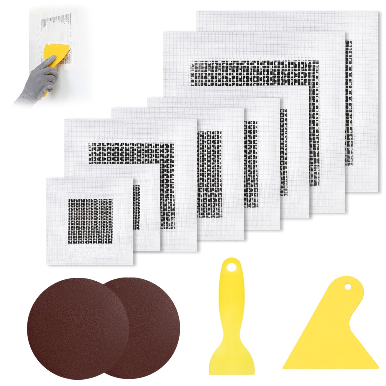 orwayhu Wall Repair Patch 2/4/6 inch Wall Repair Kit with 8 Pcs Self Adhesive Walls Hole Filler Patches, 2 Sandpaper, 2 Plastic Scraper for Repairing Holes, Cracks, Ceilings Filler