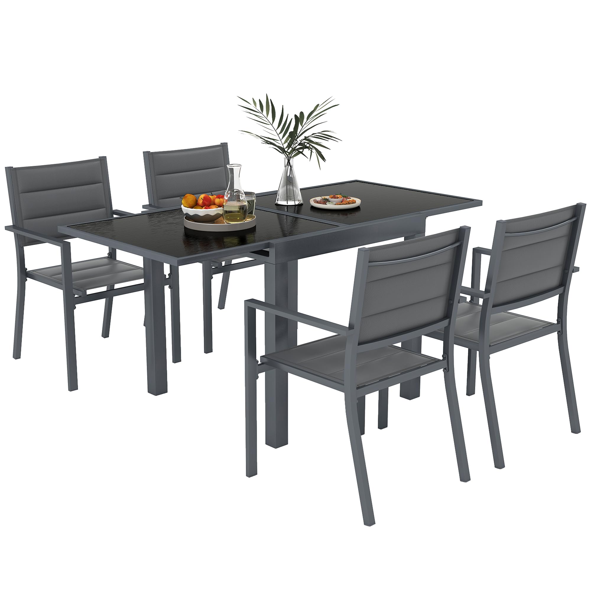 Outsunny Muebles de jardín de Aluminio y textilene Mesa Extensible 4 sillas apilables - 4 Personas - Dim. Mesa 80/160L x 80W x 75H cm Gris