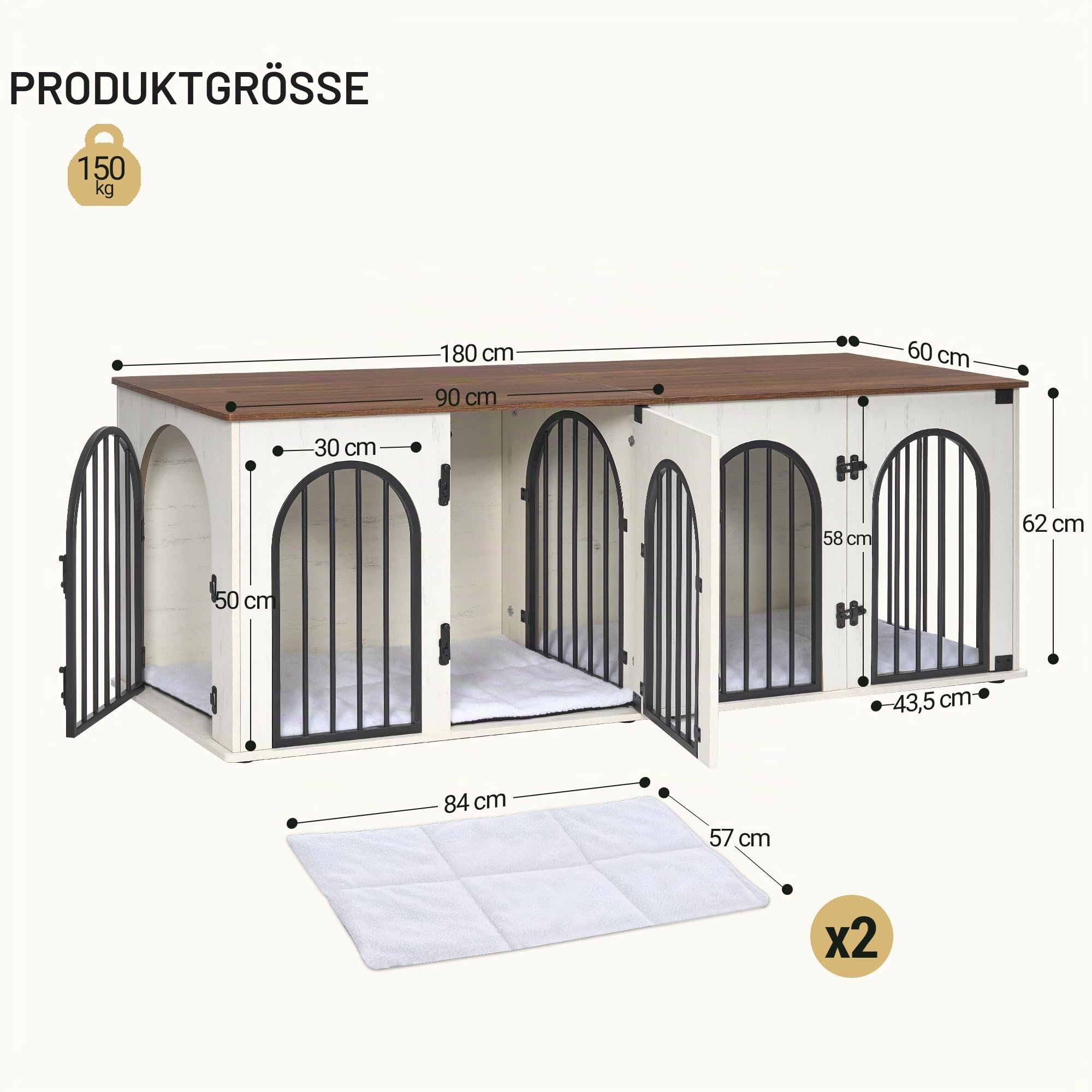 Hzuaneri 180 cm Hundekäfig Möbel für 2 Hunde, Doppel-Hundebox mit Kissen, Hundebox aus Holz mit Trennwand, Hundekäfig-Beistelltisch, TV-Ständer-Design für Mittlere/Große Hunde, Weiß Braun DFC91914B