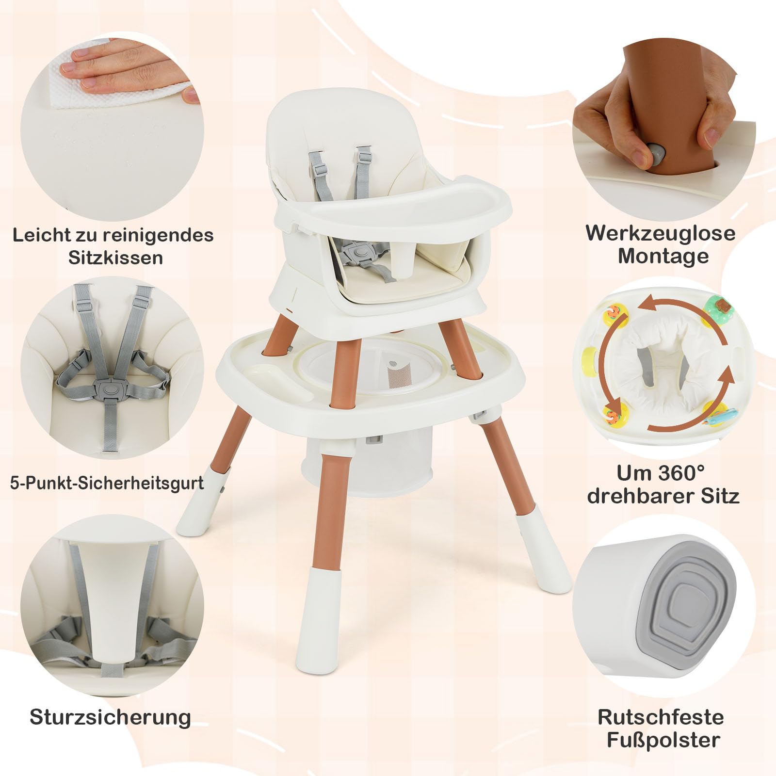 COSTWAY Hochstuhl Baby 16 in 1, Kinderhochstuhl & Spielzeugtisch & Bausteinbrett & Kinderstuhl & Sitzerhöhung mit abnehmbarem Tablett, 5-Punkt-Gurt & Korb, Babystuhl für Kinder ab 6 Monate (Weiß)