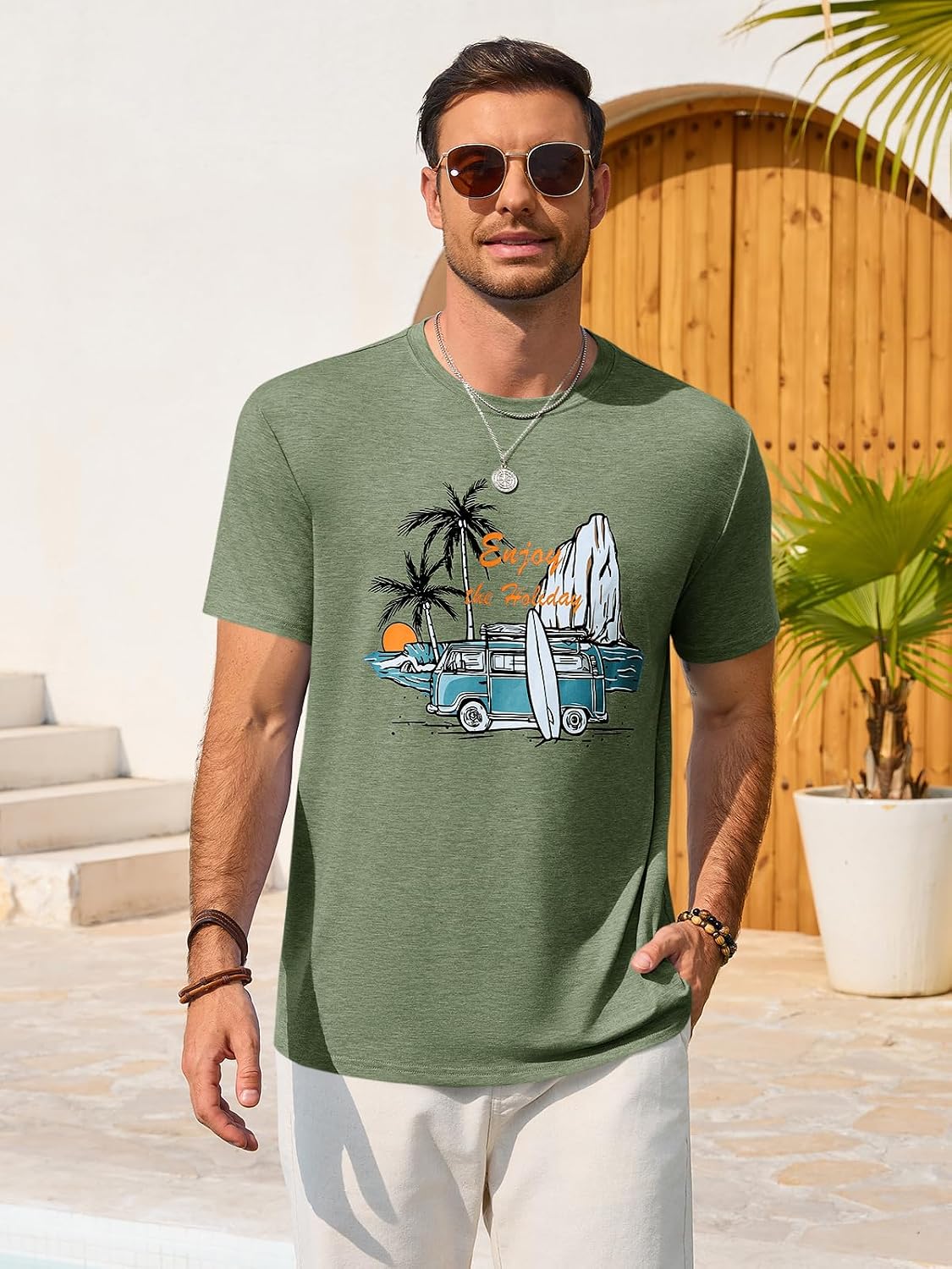 Runcati Mens Short Sleeve T-Shirts Graphic Crew Neck Summer Beach Shirt | Casual Loose Fit Palm Tree Printed, Vintage Hawaiian Tees