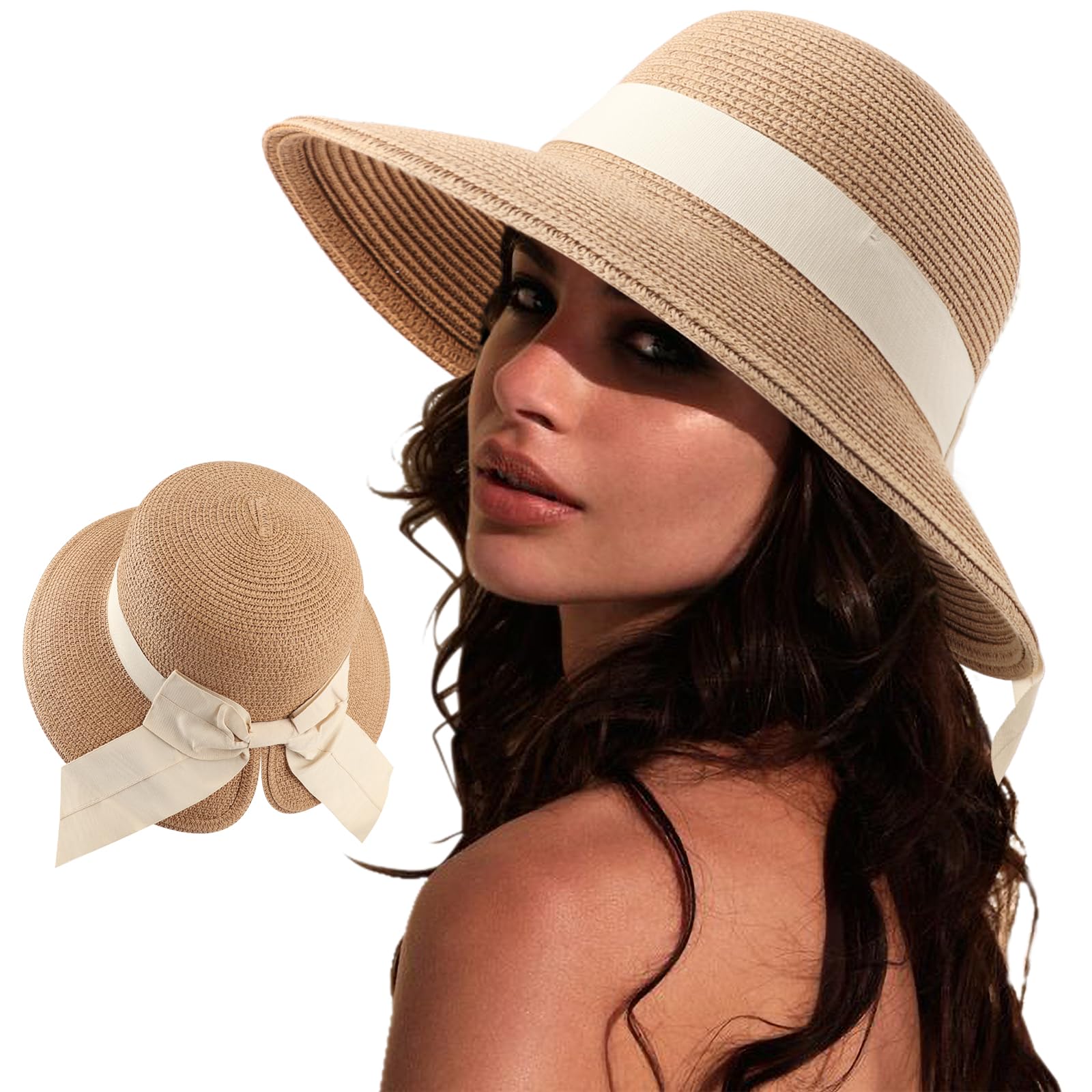 Sun Hats for Women Travel Fedora Foldable Beach Sun Hat Summer Wide Brim Straw Bucket Hat with Bowknot UPF 50+