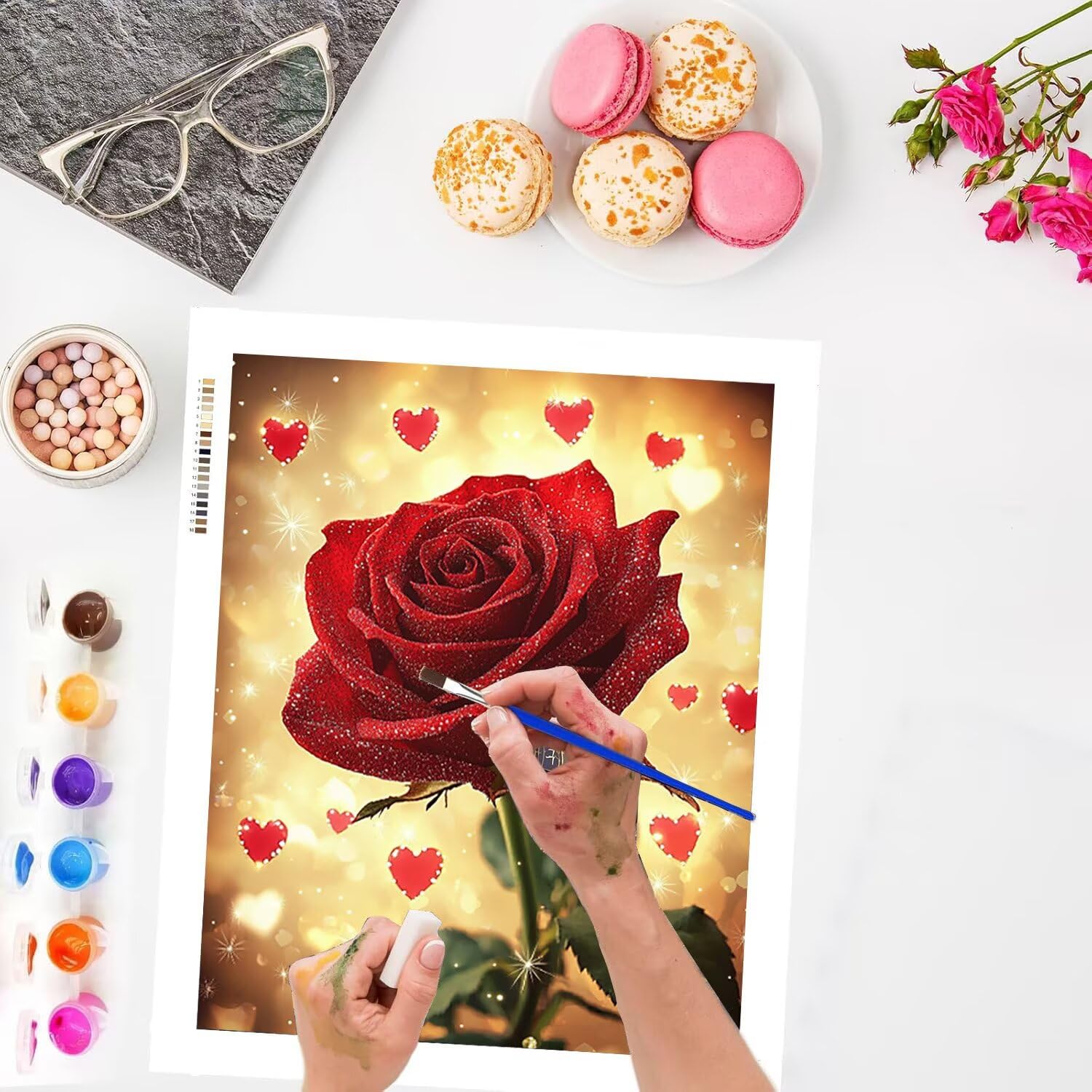 WEISHIWE Malen nach Zahlen Erwachsene Rote Rosen mit Blumen, 70x90cm x-346 | Malen nach Zahlen Erwachsene Leinwand Kit, DIY Handgemalt Ölgemälde Set mit 3-Pinseln und Acrylfarbe für Wanddeko,Ohne Rahmen