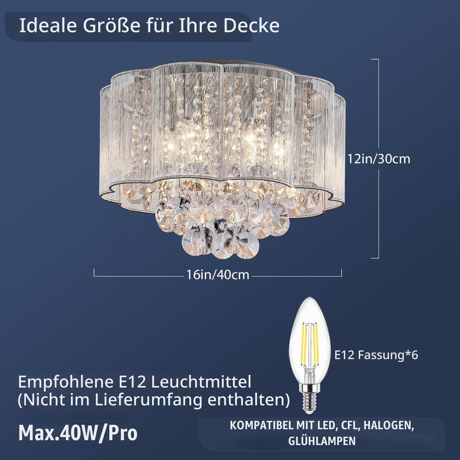 BESTIER Moderne Crystal Regentropfen Kronleuchter Beleuchtung Unterputz LED Deckenleuchte Pendelleuchte für Esszimmer Badezimmer Schlafzimmer 6 E14 Lampen Erforderlicher