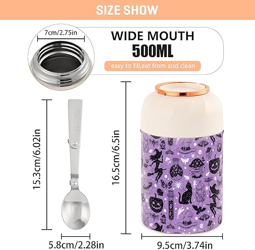 Miniatura 3 de JUNZAN Halloween Spooky Pumpkin Cat Magic Witch Kids Womens Insulated Food Jar with Spoon 17oz500ml Insulated Food Jar Stainless Steel Vacuum Food