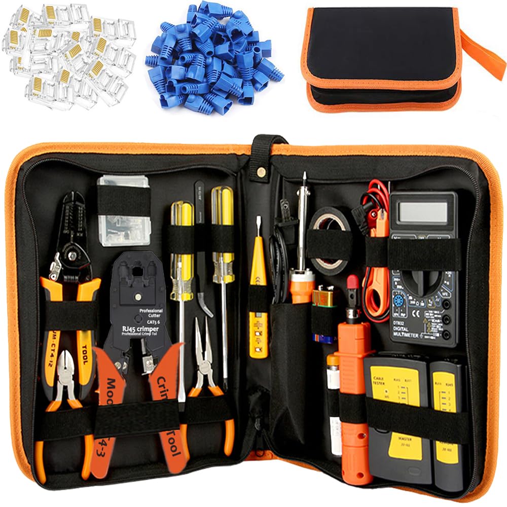 LEATBUY Network Crimp Tool Kit for RJ45/RJ11/RJ12/CAT5/CAT6/Cat5e/8P, Professional Crimper Connector Stripper Cutter, Computer Maintenance Lan Cable