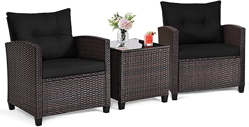 ORALNER Juego de muebles de patio de 3 piezas, juego de conversación de mimbre para exteriores, sillas de ratán con cojines, mesa de centro de