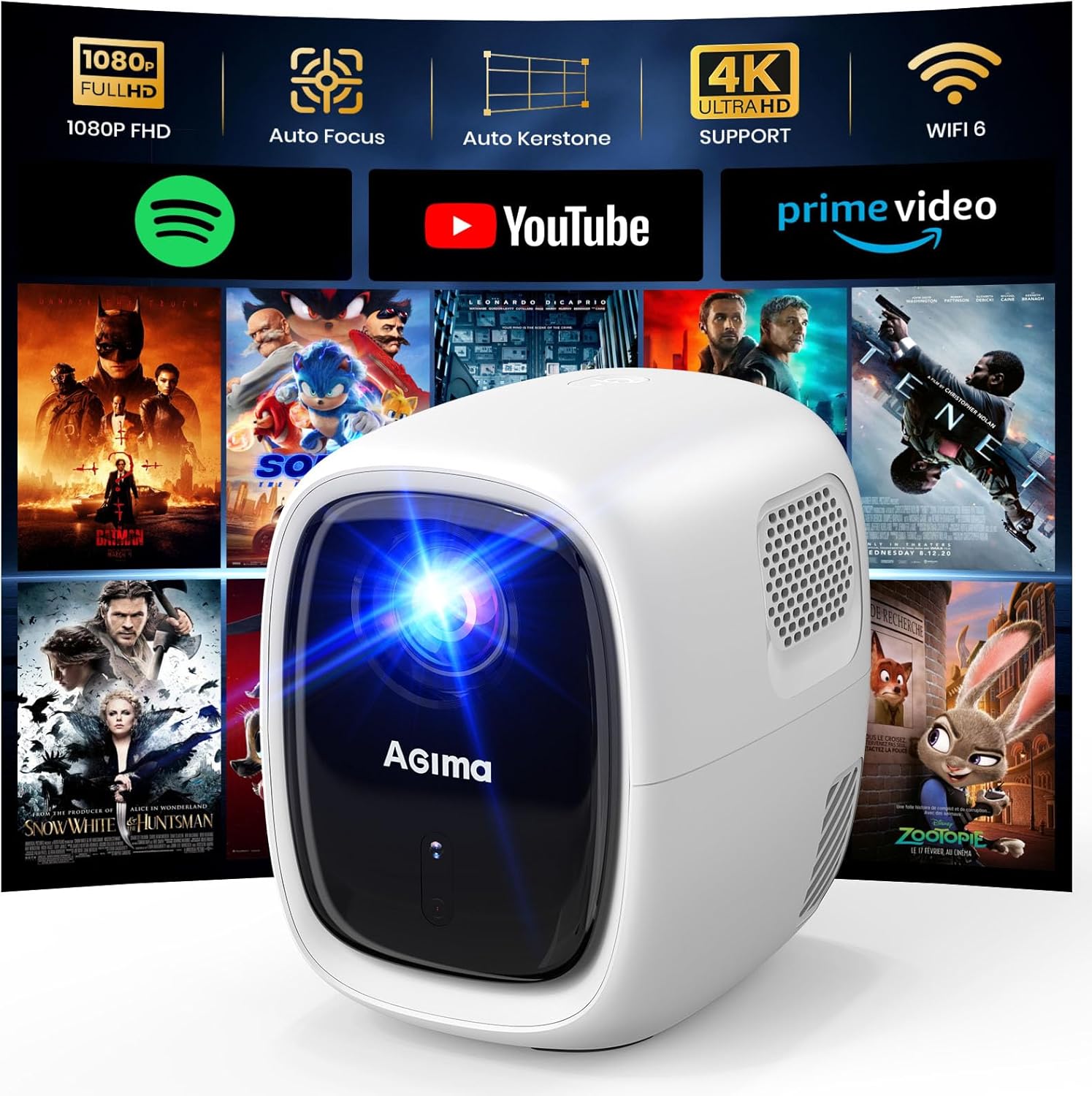 [AI Auto Focus] Smart Projector with WiFi and Bluetooth Auto Correction 1080P 4K Support Mini Projector with Apps & Android TV OS, Stereo Speaker, Portable Projector Home Outdoor, White