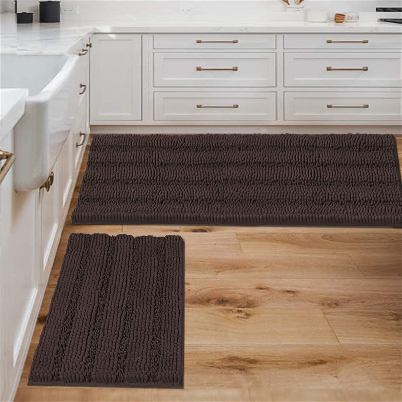 Tapis de bain super absorbant en chenille a rayures chocolat 2 pieces