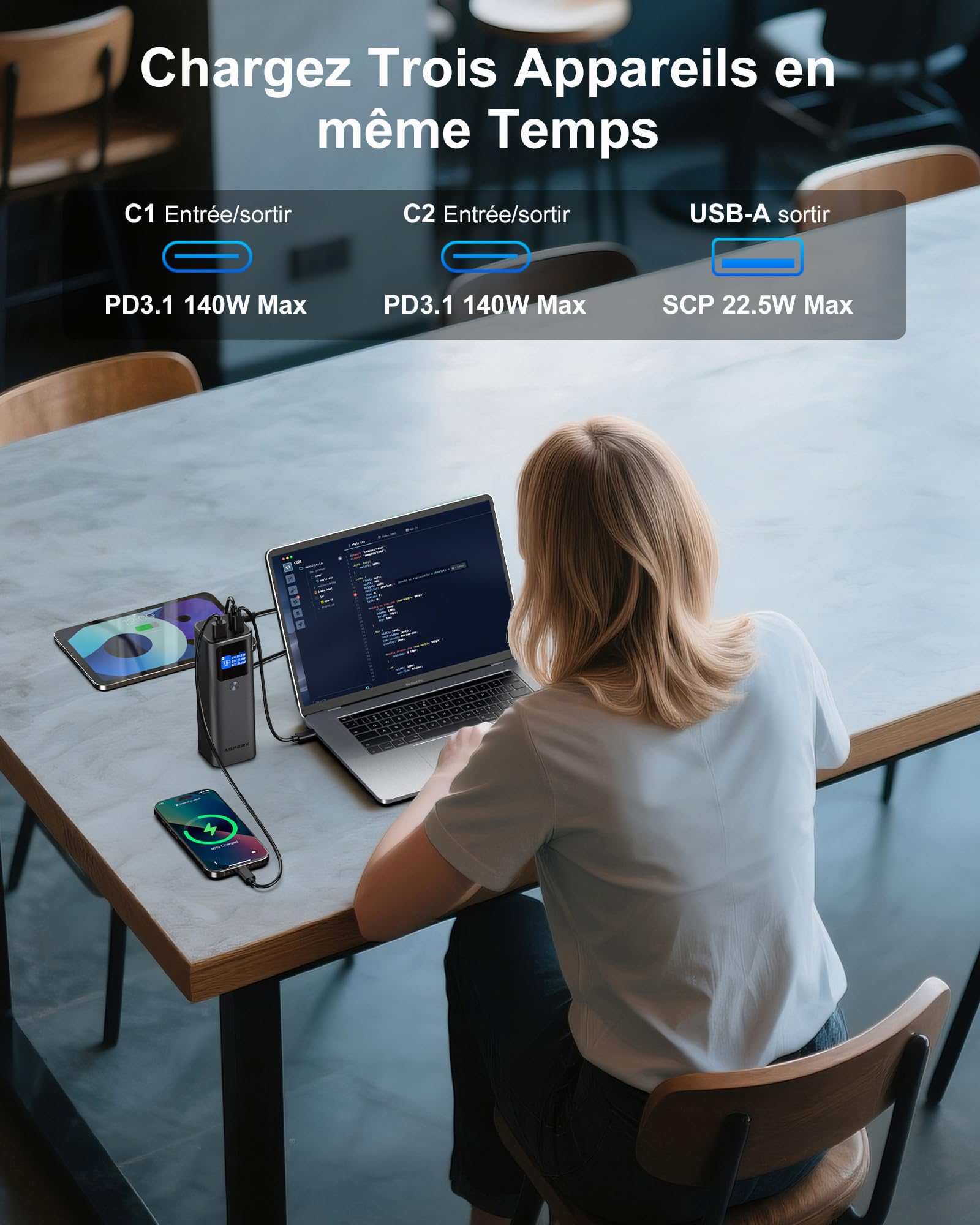 140W 27600mAh Batterie Externe Grande Capacité pour Ordinateur Portable | 2 Ports 140W USB-C,PD3.1 Charge Rapide,écran TFT,Alliage d'aluminium,Power Bank pour iPhone16/15,Galaxy et MacBook