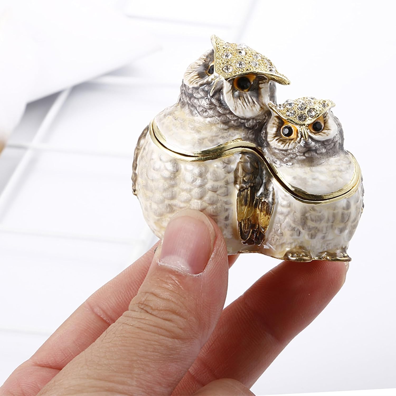 Hand Painted Enamel Couple Owl Trinket Box, Hinged Unique Mini Ring Necklace Jewelry Organizer, Classical Bejeweled Storage, Figurine Collectible Keepsake Home Decor (Couple Owl) image 5