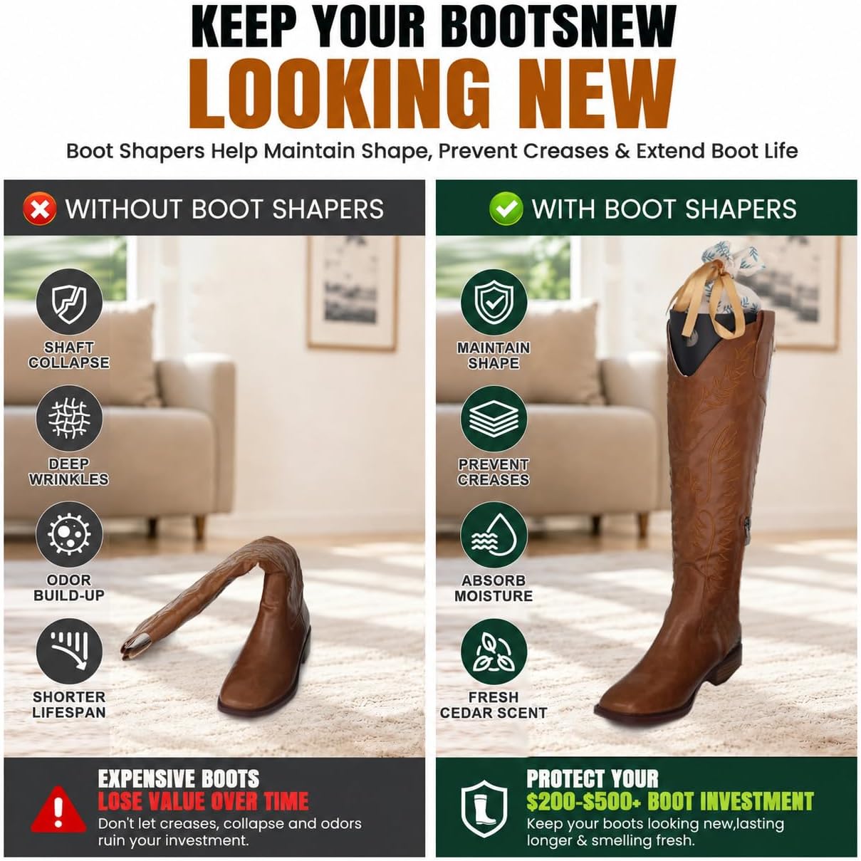 Boot Shaper Tree for Tall Boot Women, Cedar Boot Tree for Aromatic Odor‑Absorbing, Prevent Wrinkles & Sagging