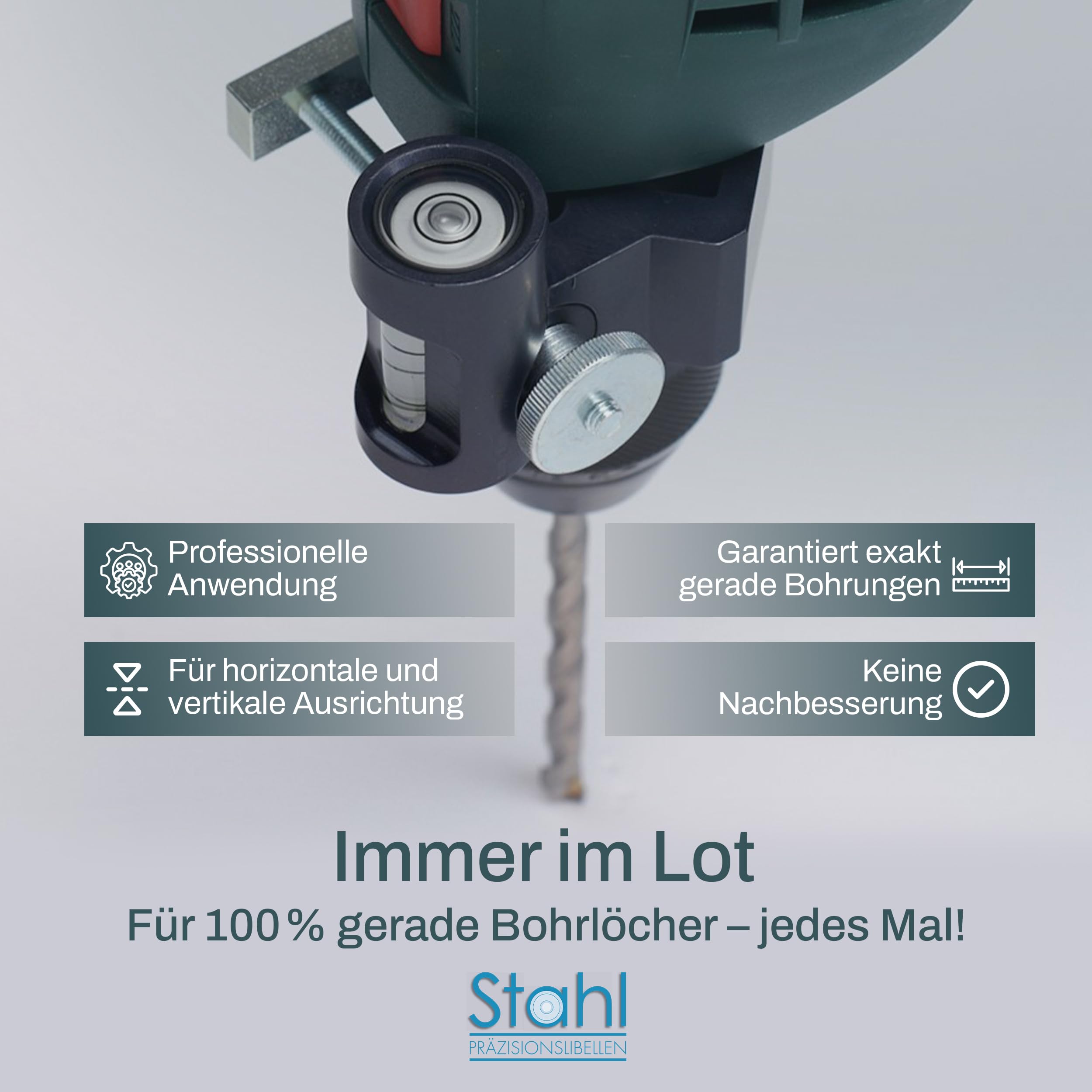 Bohrmaschinen Wasserwaage – für exakte Bohrlöcher – Bohrmaschinen-Wasserwaage mit Rund- & Längslibelle für Bohrmaschine – Made in Germany
