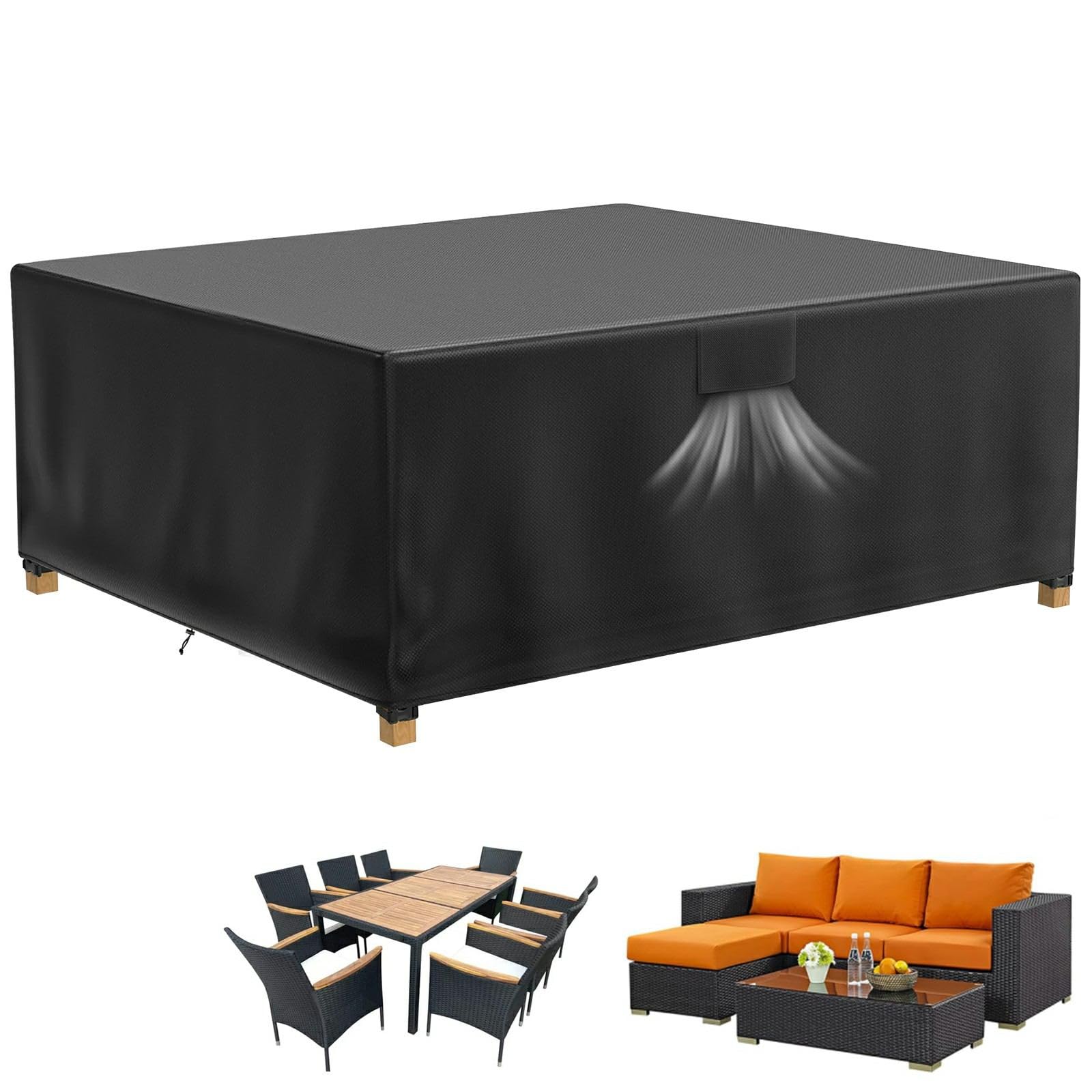 Raweao Black Waterproof Rectangular Garden Furniture Cover 200X160x72cm, Heavy Duty 500D Anti‑Uv Windproof Outdoor Rattan Dining Set Cover For 4-6 Seater Patio Table Chairs
