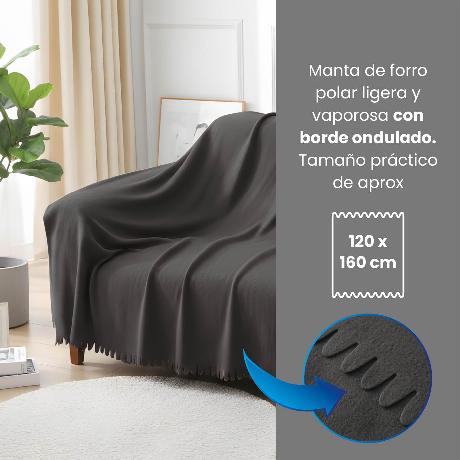 wometo Juego de 16 mantas de forro polar Wave de 120 x 160 cm – Oeko-TEX, aprox. 300 g, manta de forro polar suave con borde ondulado, antibolitas, color gris oscuro