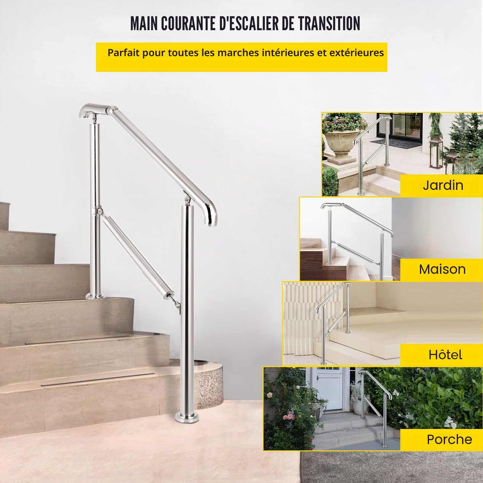 Happybuy Rampe de transition à 3 marches en acier inoxydable pour surface plane et 1 à 3 marches réglables pour escalier intérieur ou extérieur Capacité 100 kg Avec kit d'installation