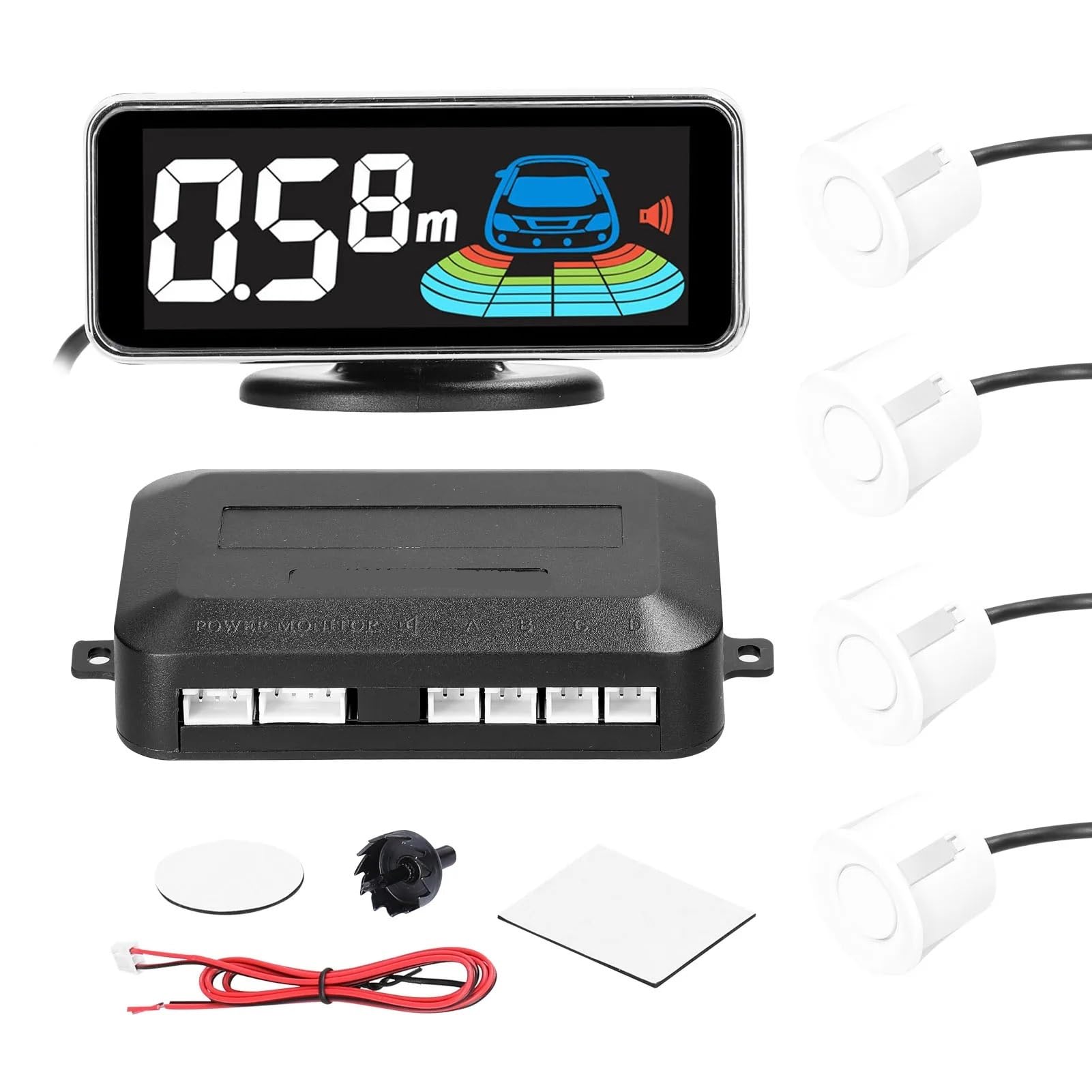 Sensor de Aparcamiento Sistema de radares Marcha atrás para Coche, sensores Aparcamiento, detección Distancia, Pantalla, zumbador Advertencia Sonido, 8/4 Uds(White 8pcs Probe)