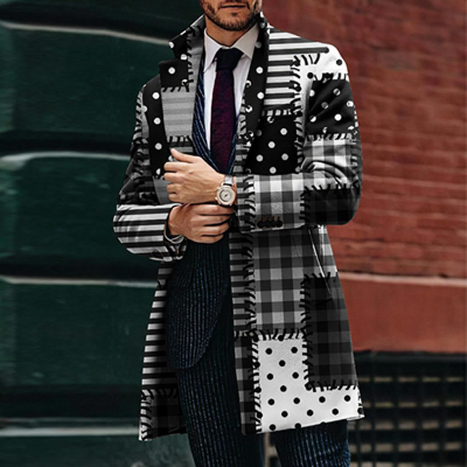 Cappotto di Lana con Impunture con Stampa Pied de Poule retrò Uomo Casual Giacca con Bottoni con Colletto rovesciato Autunno Inverno Tasca Lunga Giacca a Vento da Uomo