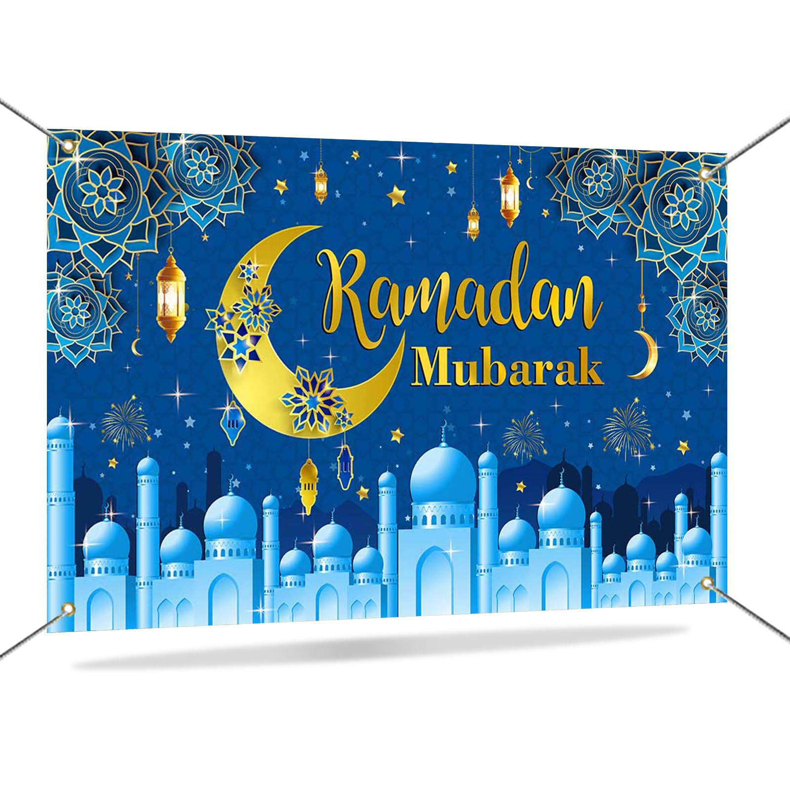 Mocsicka Ramadan Mubarak Decorations Backdrop Banner Blue Eid Mubarak Decorations for Home Muslim Ramadan Photo Booth Props 70.8 x 43.3 Inch
