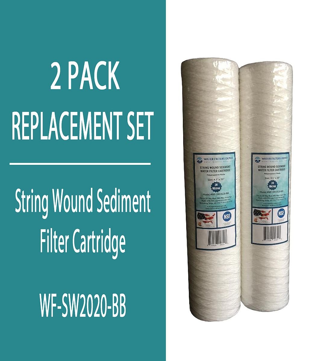 WFD, WF-SW2020-BB 4.5"x20" 20 Micron String Wound Sediment Water Filter Cartridge, Fits in 20" Big Blue (BB) Housings of Whole House Filter Systems (2 Pack, 20 Micron)