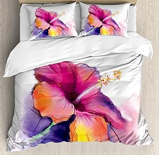 Ambesonne Flower Duvet Cover Set, Hibiscus Flower in Pastel Abstract Colorful Romantic Petal Pattern Artwork Print, Decorative 3 Piece Bedding Set with 2 Pillow Shams, King Size, Pink Tones