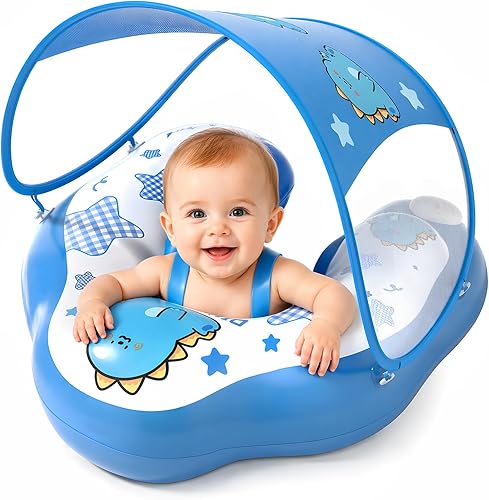 Baby Pool Float with Canopy UPF50+, Adjustable Baby Float, Suitable for Infants and Toddlers,Removable Sun Canopy, 5-Point Safety Harness, Lightweight Portable Pool Float for Home,6M-6Y