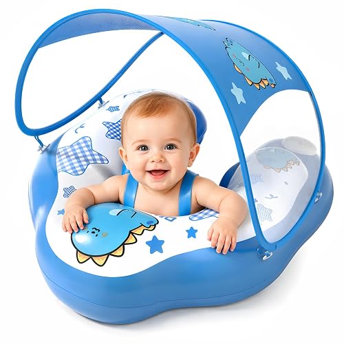 DOPTOY Baby Pool Float with Canopy UPF50+, Adjustable Baby Float, Suitable for Infants and Toddlers,Removable Sun Canopy, 5-Point Safety Harness, Lightweight Portable Pool Float for Home,6M-6Y