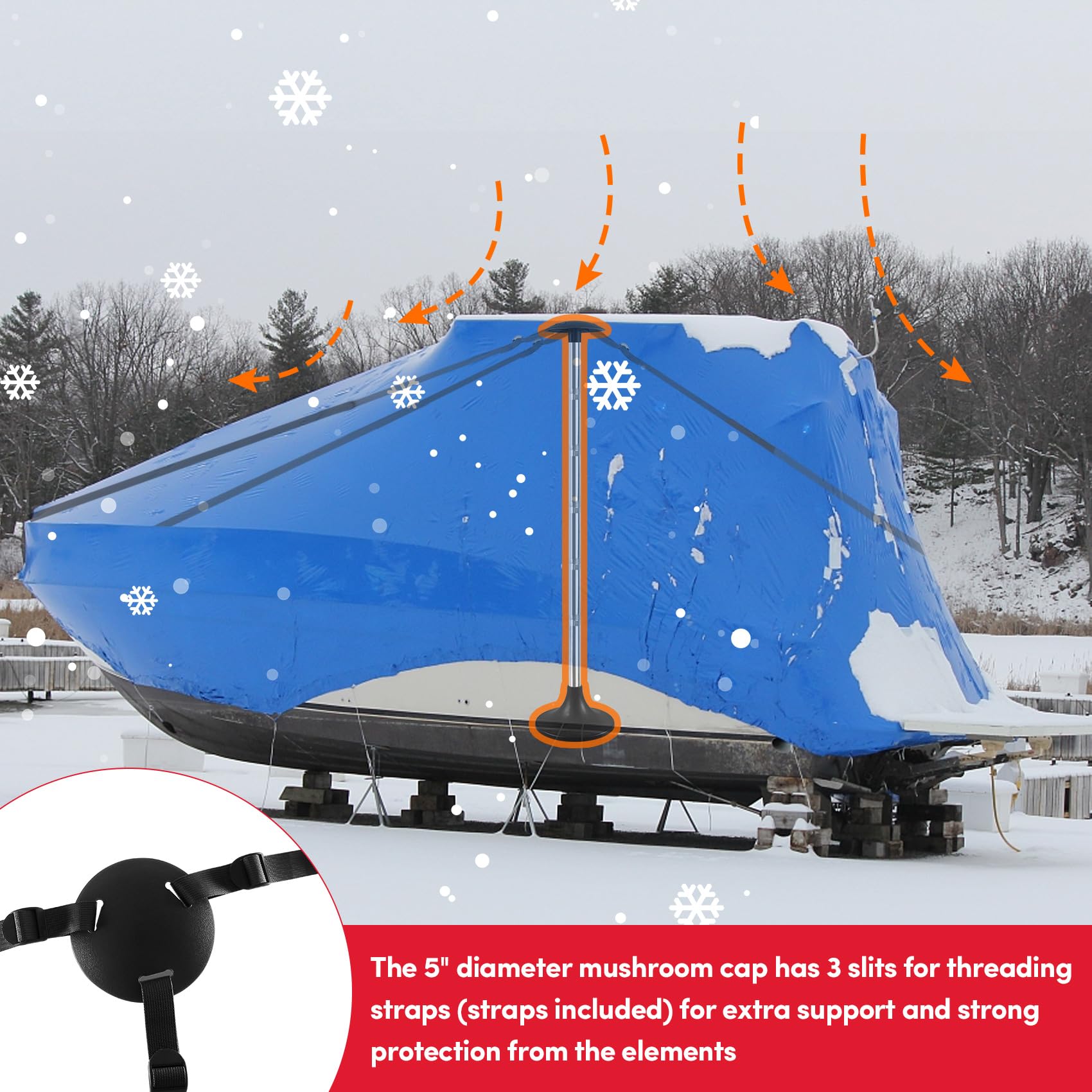 Boat Cover Support Poles 2 Pack,Height Adjustable Boat Cover Support System with 8" Round Base, Boat Cover Poles to Prevent Rain/Snow/Waste from Accumulating, Included Webbing Strap(Black)