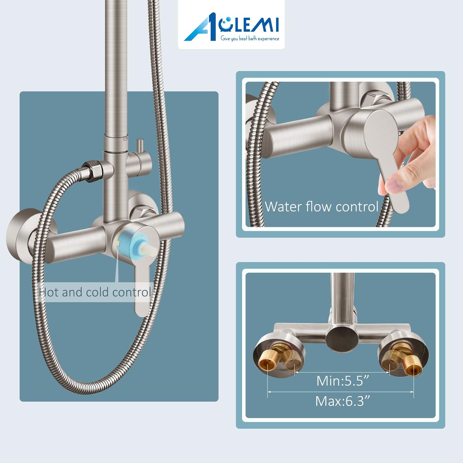 Aolemi Outdoor Shower Fixture SUS304 Shower Faucet Combo Set Stainless Steel 8 Rainfall Shower Head High Pressure Hand Spray Wall Mount 2 Dual Function Brush Nickel Single Handle - Image 7