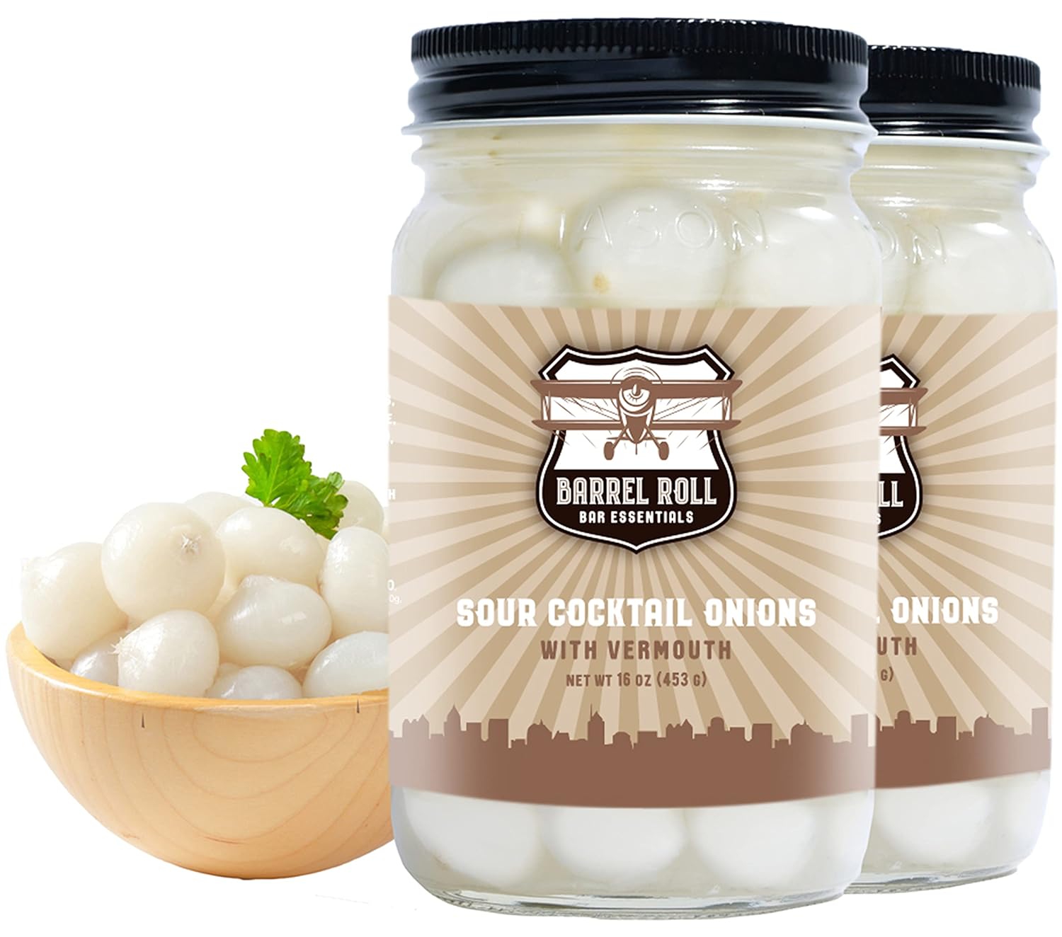 Barrel Roll Bar Essentials Cocktail Onions - Classic Sour Silver Skin Pickled Onions with Vermouth in Salty Vinegar - Gibson, Bloody Mary Cocktail Garnish - Gourmet Drink Ingredients - 2 x 16 Ounces