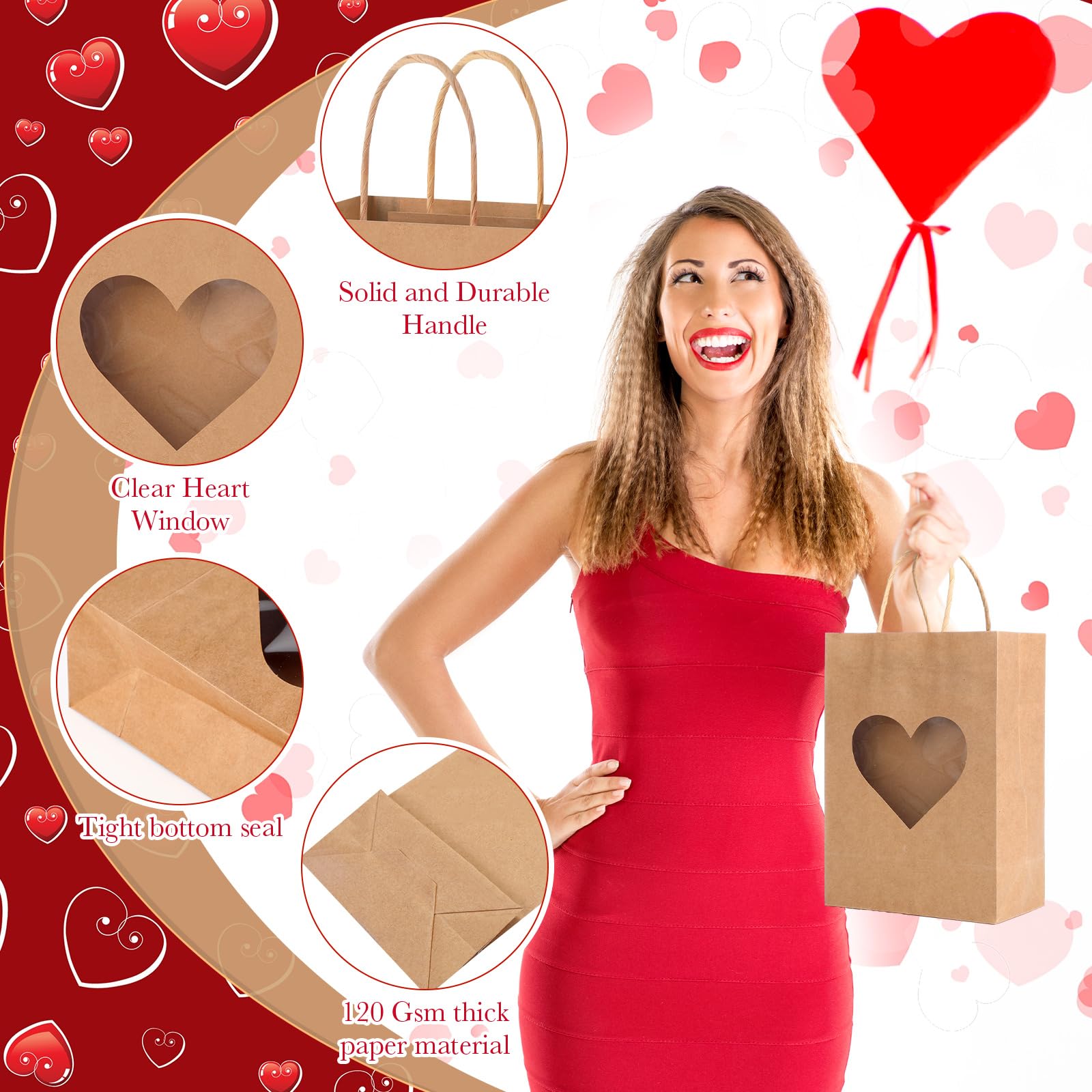 Eersida 24 Pcs Valentine's Day Gifts Bags with Heart Window Kraft Brown Paper Goodie Bag Bulk Holiday Candy Treat Wrapping with Handle for Galentines Wedding Birthday Party Supplies, 8.3"x5.9"x3.2"