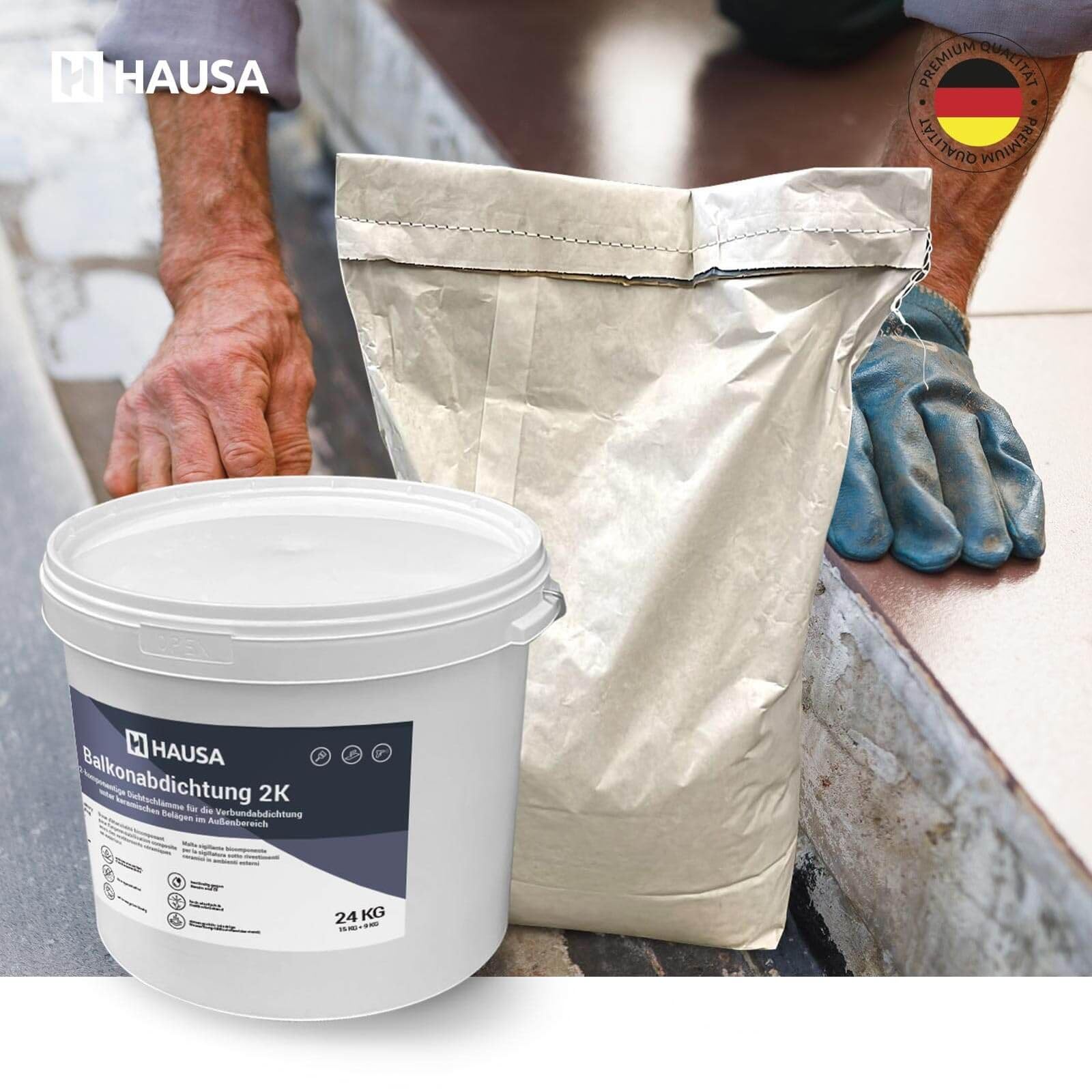 Hausa Balkonabdichtung 2K, 24kg flexible Dichtschlämme zur Abdichtung von Balkon, Terrasse, Bad, Dusche, Keller, Fundamente; Dichtungsmasse für Außenbereich, frost-, UV- und alterungsbeständig