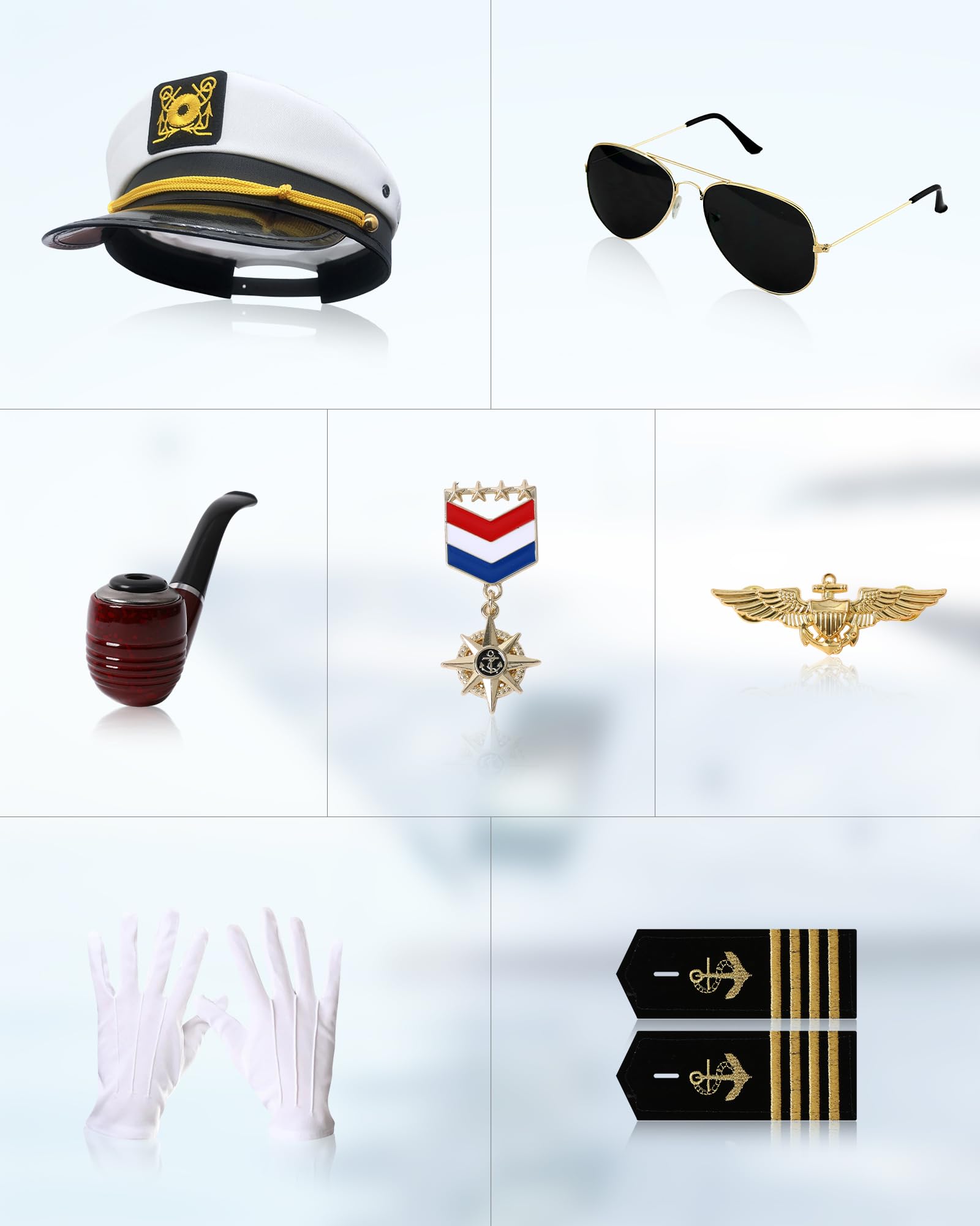 Costume da capitano dello yacht per adulti, 8 pezzi | Costume da capitano dello yacht per adulti, costume da marinaio, con cappello, camicia, spalline, guanti e accessori, 8 pezzi