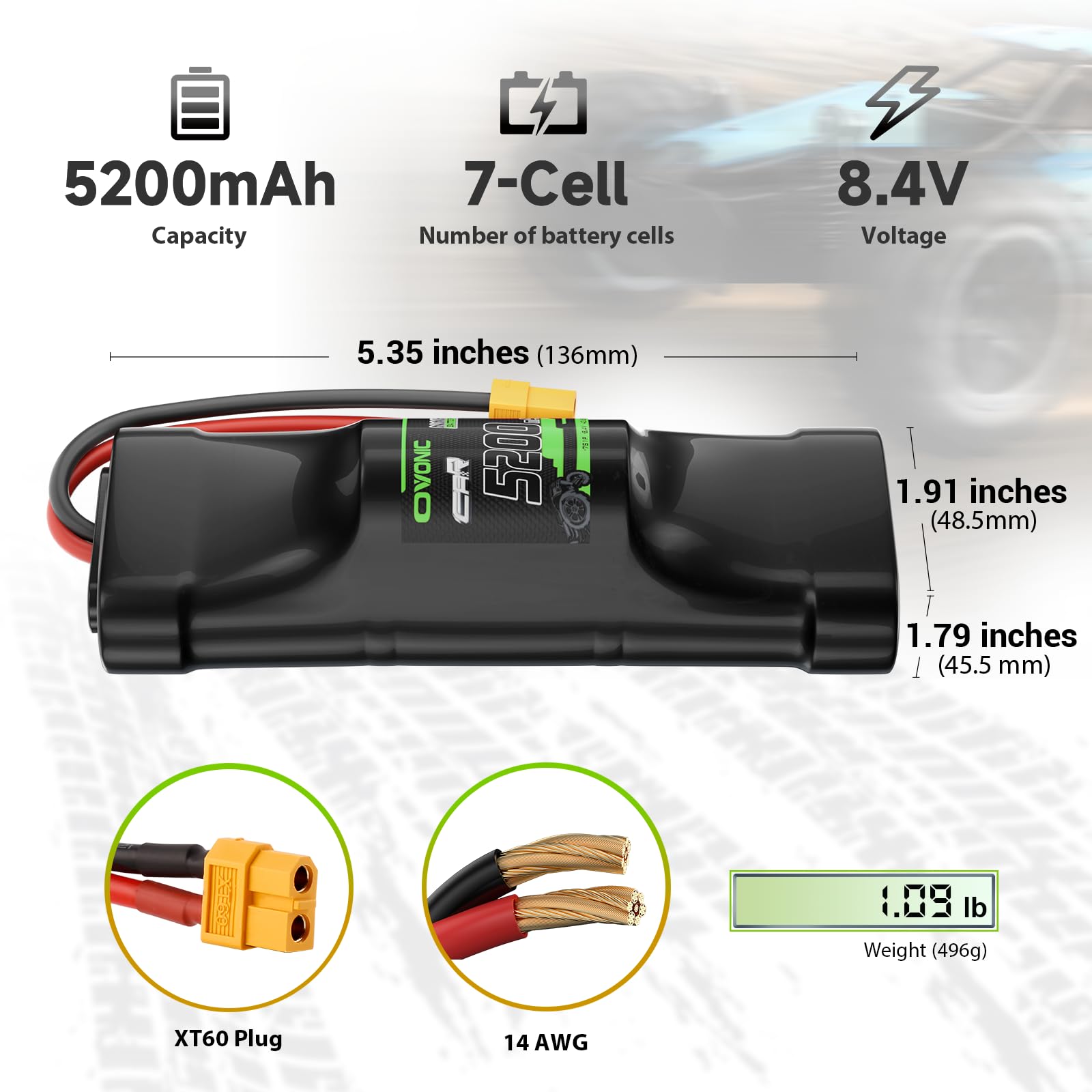 OVONIC Batería de 8,4 V RC NiMH Hump 5200 mAh con conector XT60 y TRA para RC Auto Truck Truggy (2 paquetes)