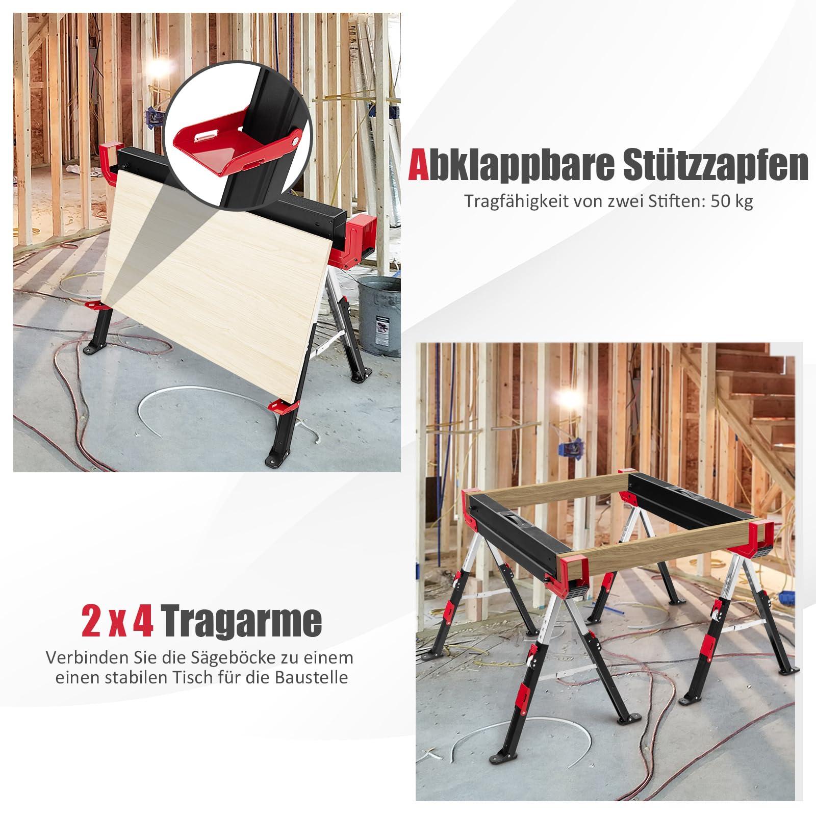 GOPLUS Juego de 2 caballetes portátiles de acero con 9 niveles de ajuste de altura, asas de transporte, parte superior de PVC antideslizante, juego de caballete de trabajo soporta hasta 1180 kg